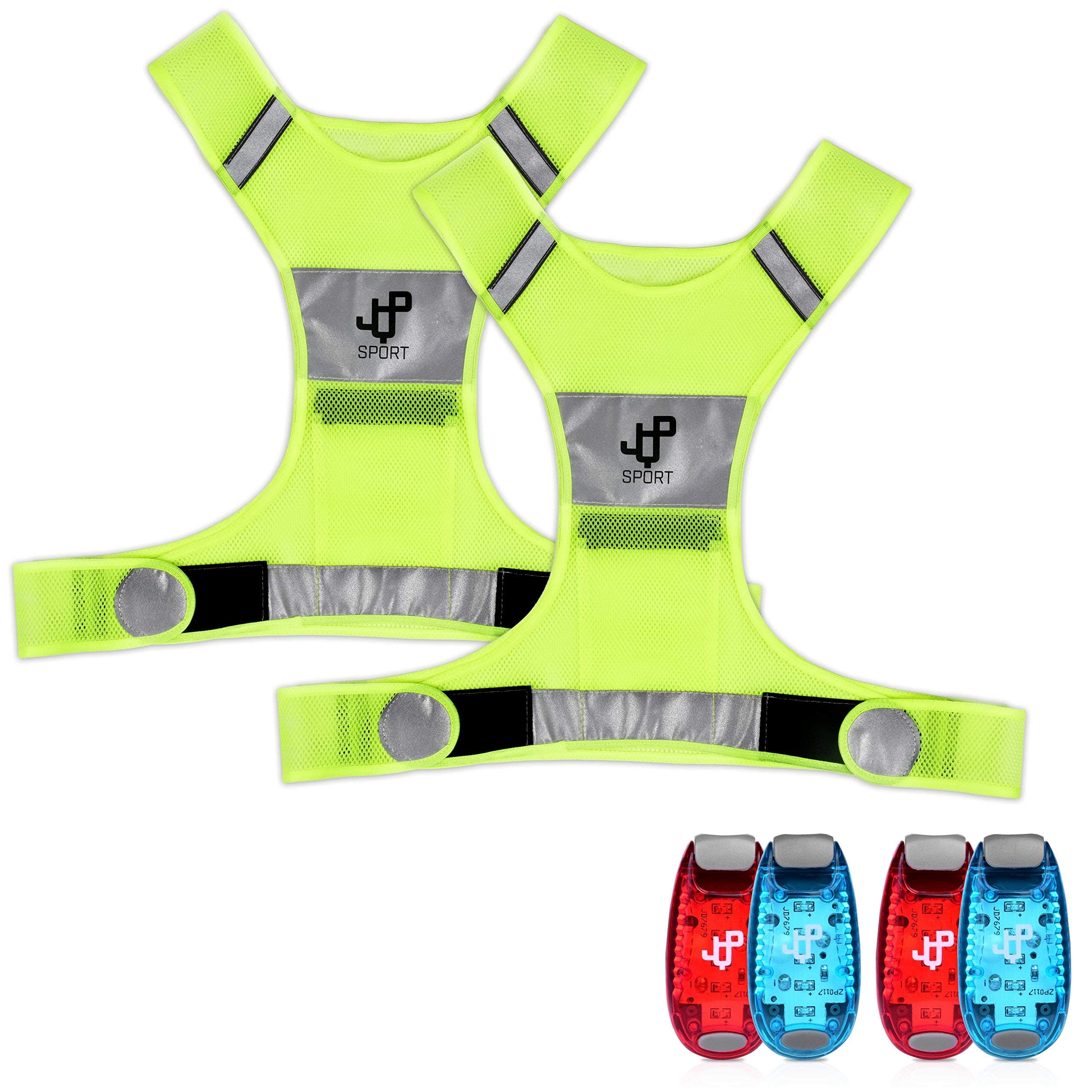 2 Running Vest and LED Safety Light Sets (4-Pack with Clip and 3 Bonuses), Waterproof Running Light and Reflective Vest, Suitable for Jogging, Cycling, Biking, Dog Walking, Strobe Light