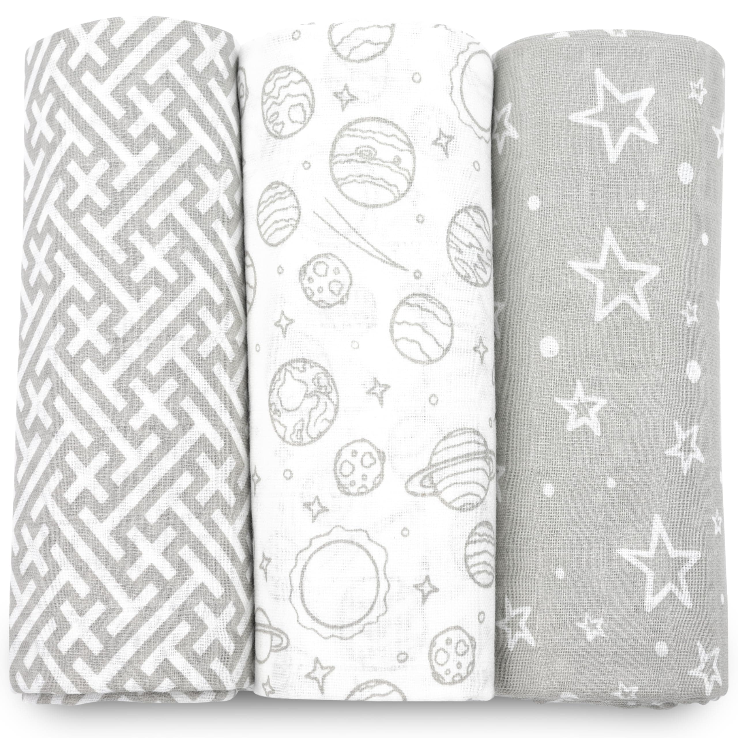 Bublo Baby Muslin Swaddle Blankets, Swaddle Blanket for Baby Boys and Girls, 3-Pack Breathable Premium 100% Cotton Baby Receiving Blankets, Exta Large Size 47x47 Inches, Grey