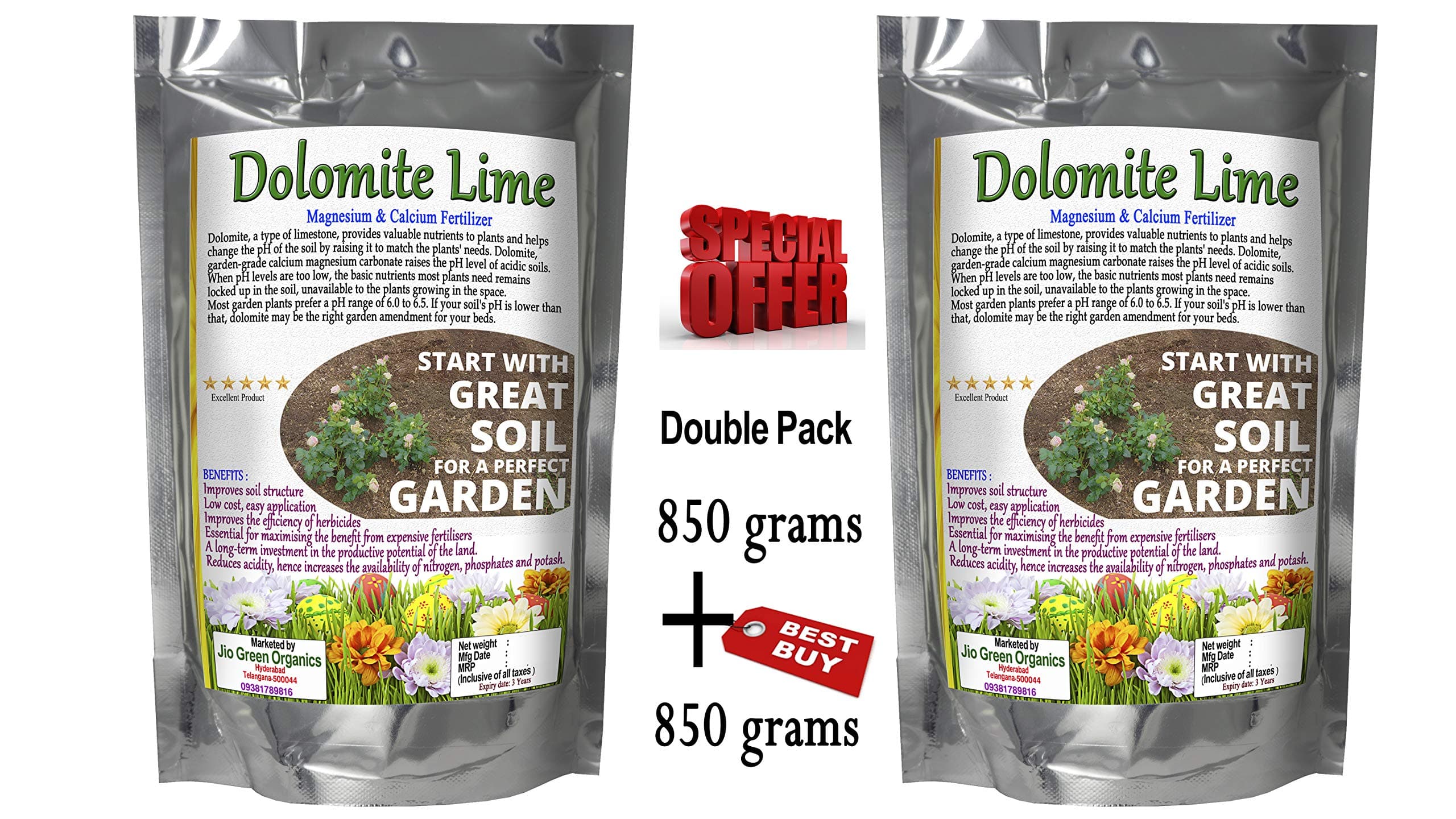Dolomite Lime Powder (850 and 850 g) Magnesium and Calcium Fertilizer Excellent for Soil PH Balance for All Indoor and Out Door Plants and Gardens