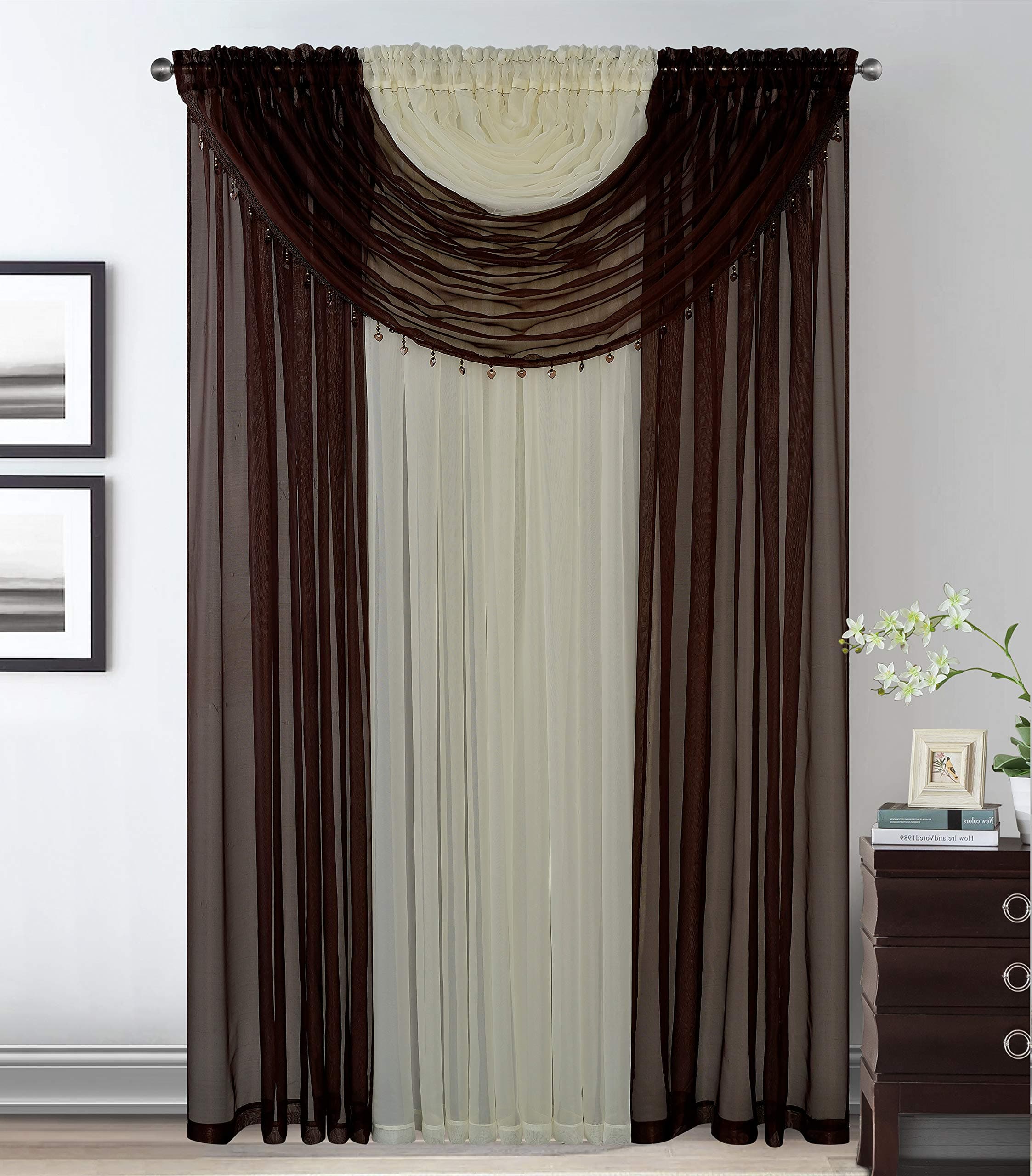Elegant Home Complete Multicolor Window Sheer Curtain All-in-One Set with 4 Panels and 2 Valances with with Crystal Beads for Living Room, Dining Room, Or Any Other Windows- Laura (Chocolate / Beige)