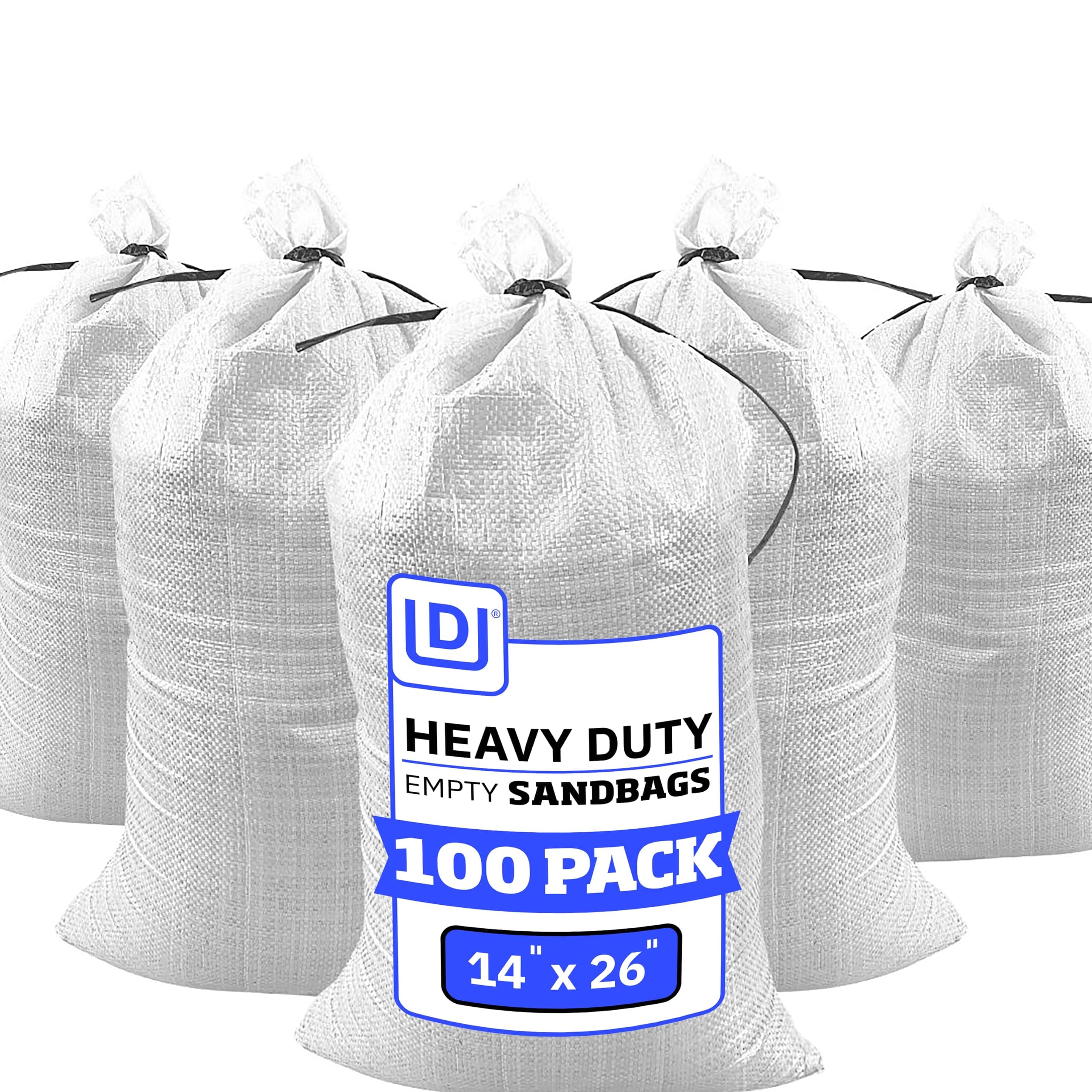 DURASACK Heavy Duty Sandbags with Tie String Empty Polypropylene Sandbags for Flood Protection, 1600 Hour UV Protection, 50 lb Capacity, 14 x 26 Inches, White, Pack of 100