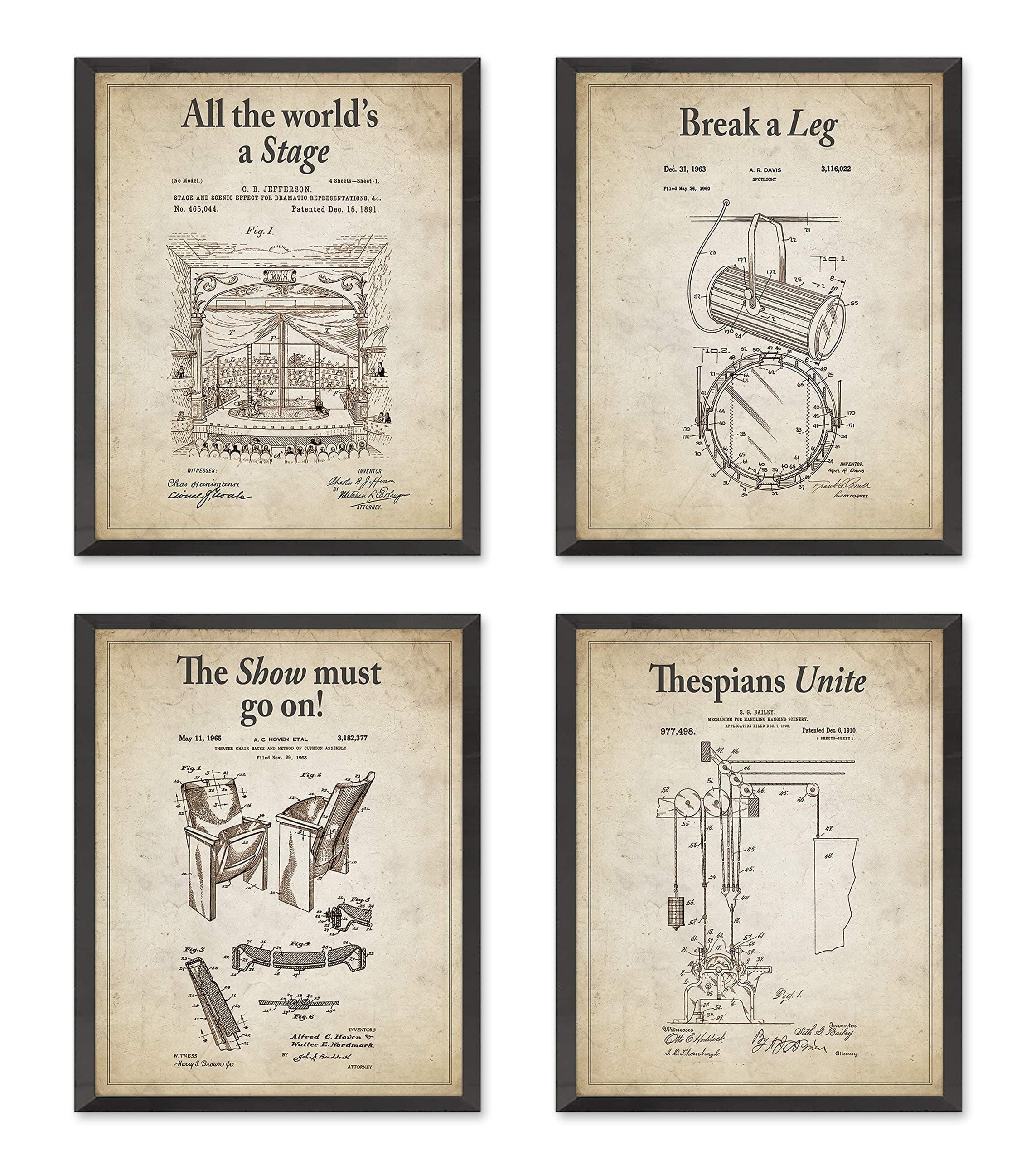 Theatre Wall Patent Art Prints -Set of 4 Unframed – Vintage Stage, Spotlight, Pulley, and Seat Designs – Perfect Drama Gift for Theatre Lovers & Home Decor - 8x10 Inches