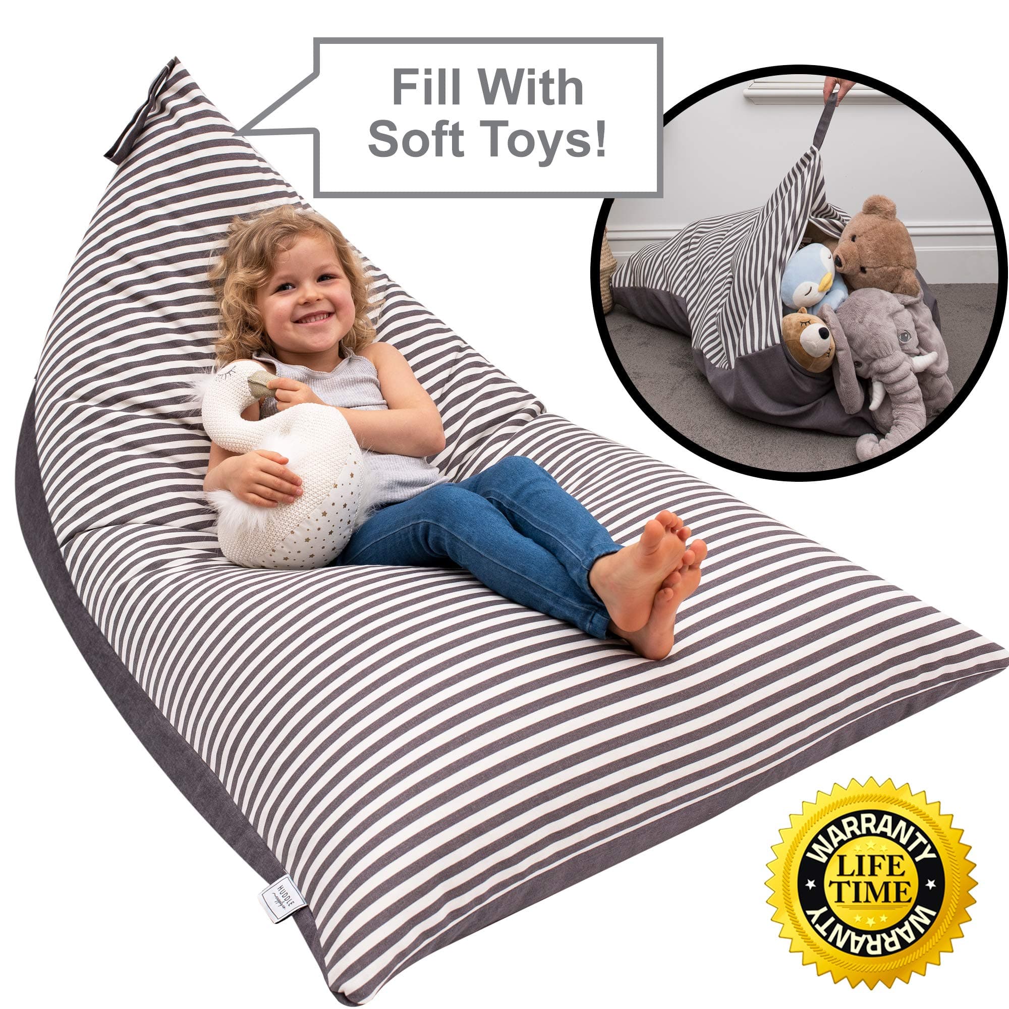 HUDDLE Supply Co Soft Toy Storage Bean Bags for Children - 'Stuffie Seat' Designer Kids Bean Bag Cover for Teddy Storage - Becomes a Kids Bean Bag Chair Your Kids Love | 100% Cotton Premium Canvas