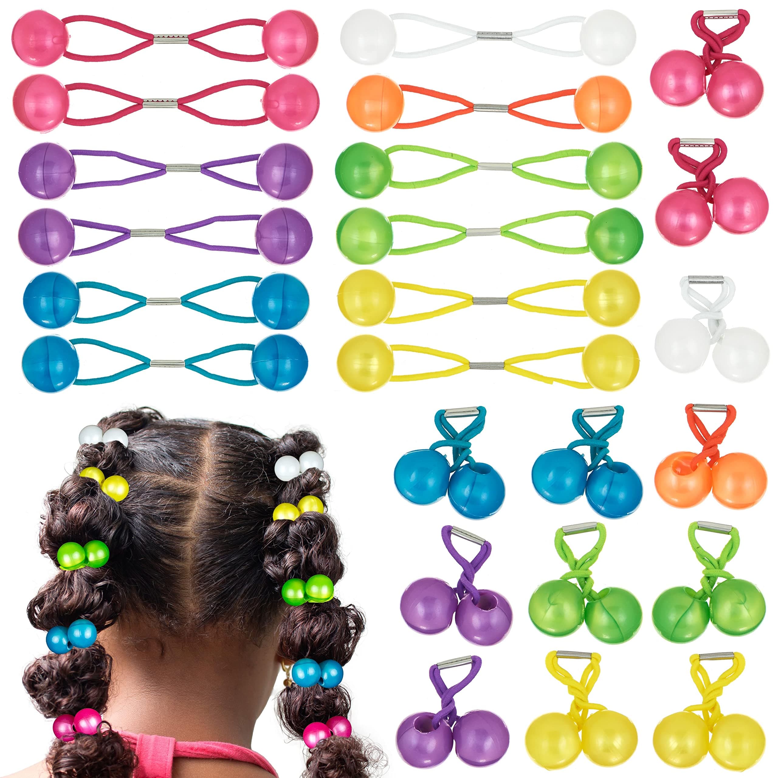 Expressions 24 Pc Ponytail Ball Hair Elastics Collection,Brightly Colored Marble Finish Twin Bead Ponytail Balls For Girls And Toddlers