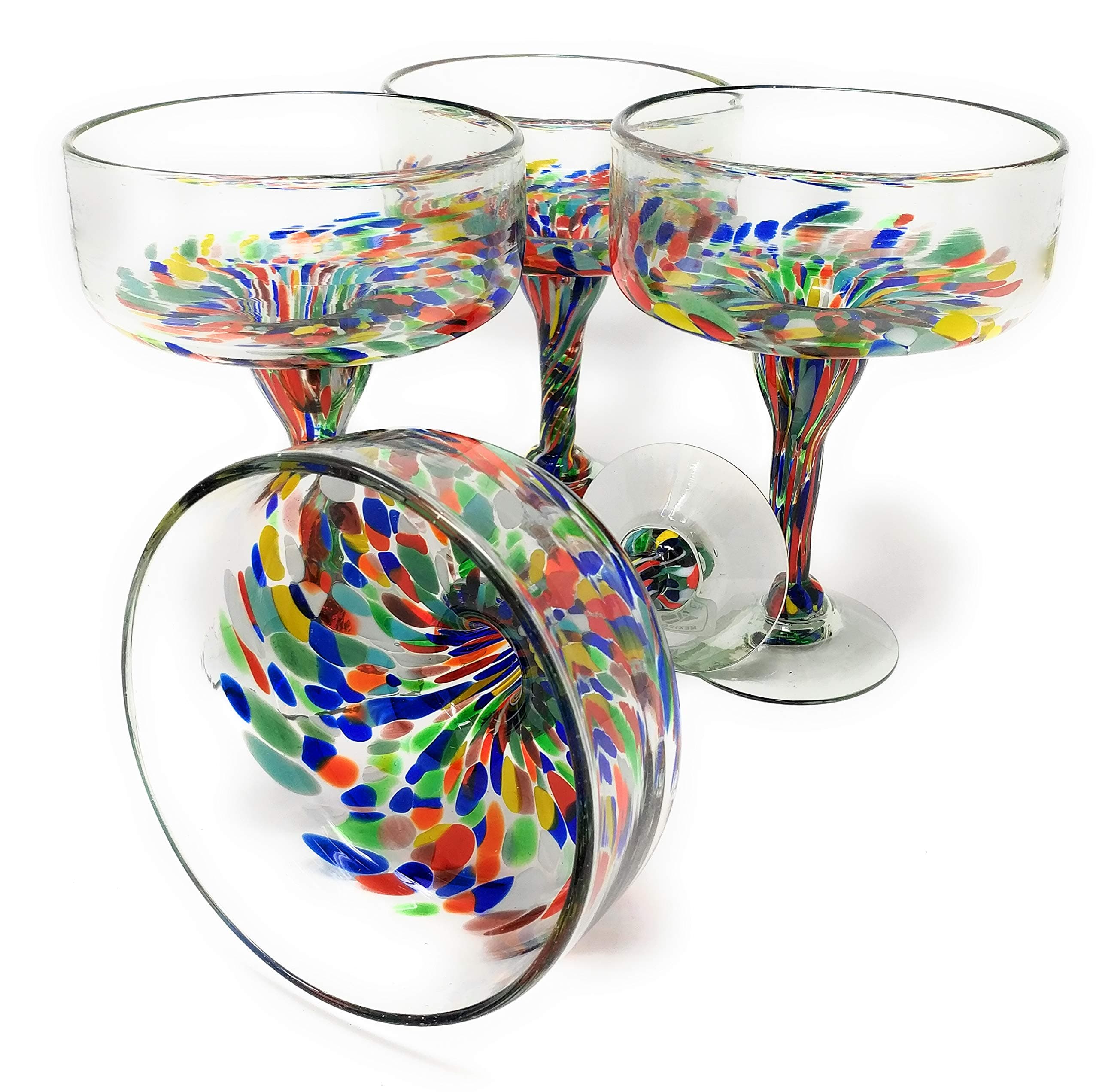Dos Sueños Mexican Hand Blown Glass – Set of 4 Hand Blown Margarita Glasses Confetti Carmen (16 oz)