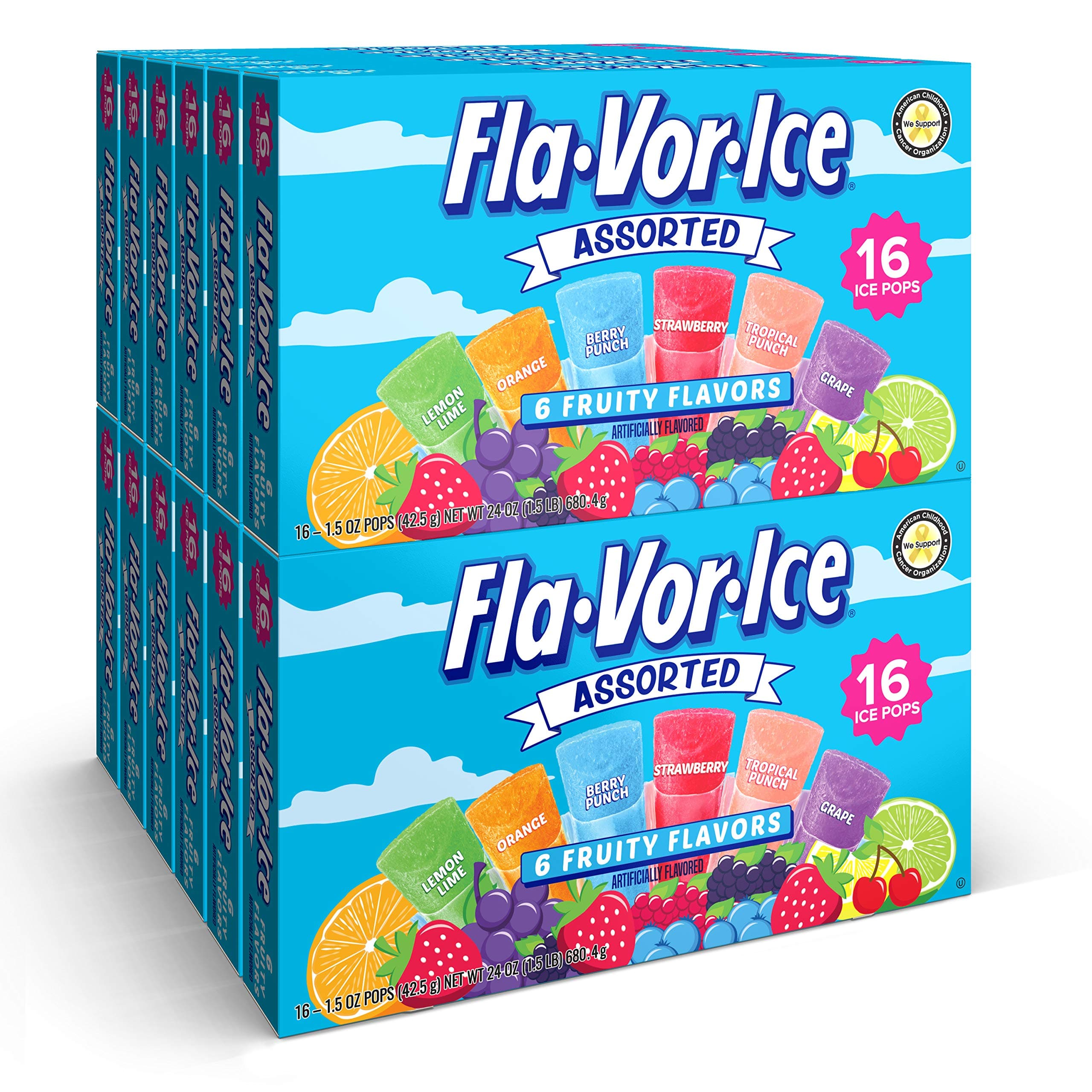 Flavorice Freezer Pops, 1.5oz Fat Free Ice Pops, Fruity Flavors (12 Boxes, 16-1.5 oz pops per box), 192 total Freezer Pops
