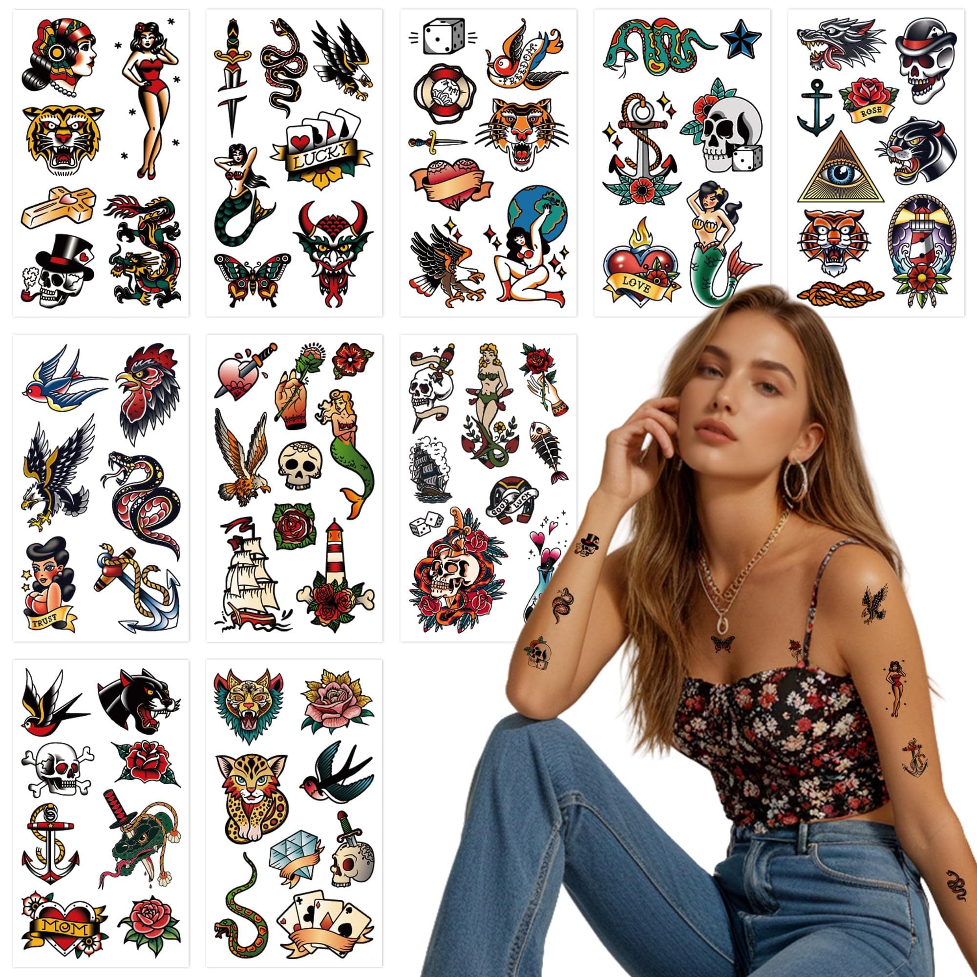 76 Pcs Retro Temporary Tattoos Classic Old School Colorful Tattoos Stickers Flowers Snake Adult Men Women Body Art