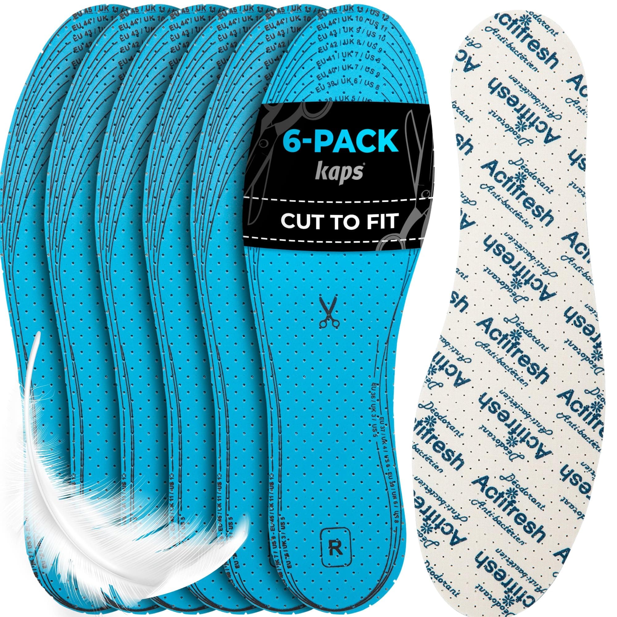 – Shoe Insoles for Men & Women - 6 Pairs, Cut to Size Thin Inner Soles with Odour Control | Sanitized Antibacterial Technology | Kaps Actifresh