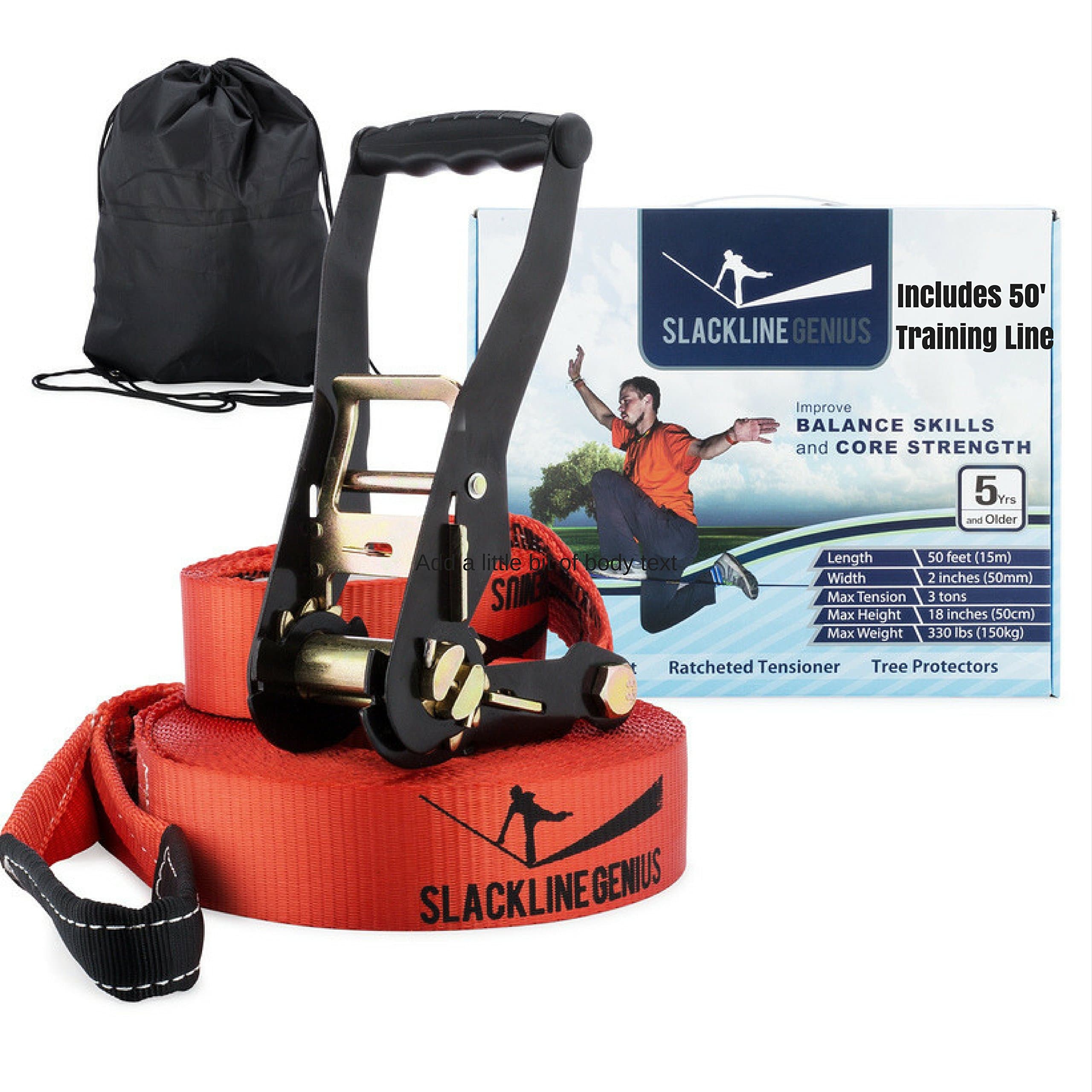 Slackline Kit with Training Line - 50ft x 2" Slack Line/Ratchet Tensioner/Tree Protectors | Core and Balance Home Exercise Equipment- Perfect Slackline Kit with Bonus Carry Bag (Beginner)