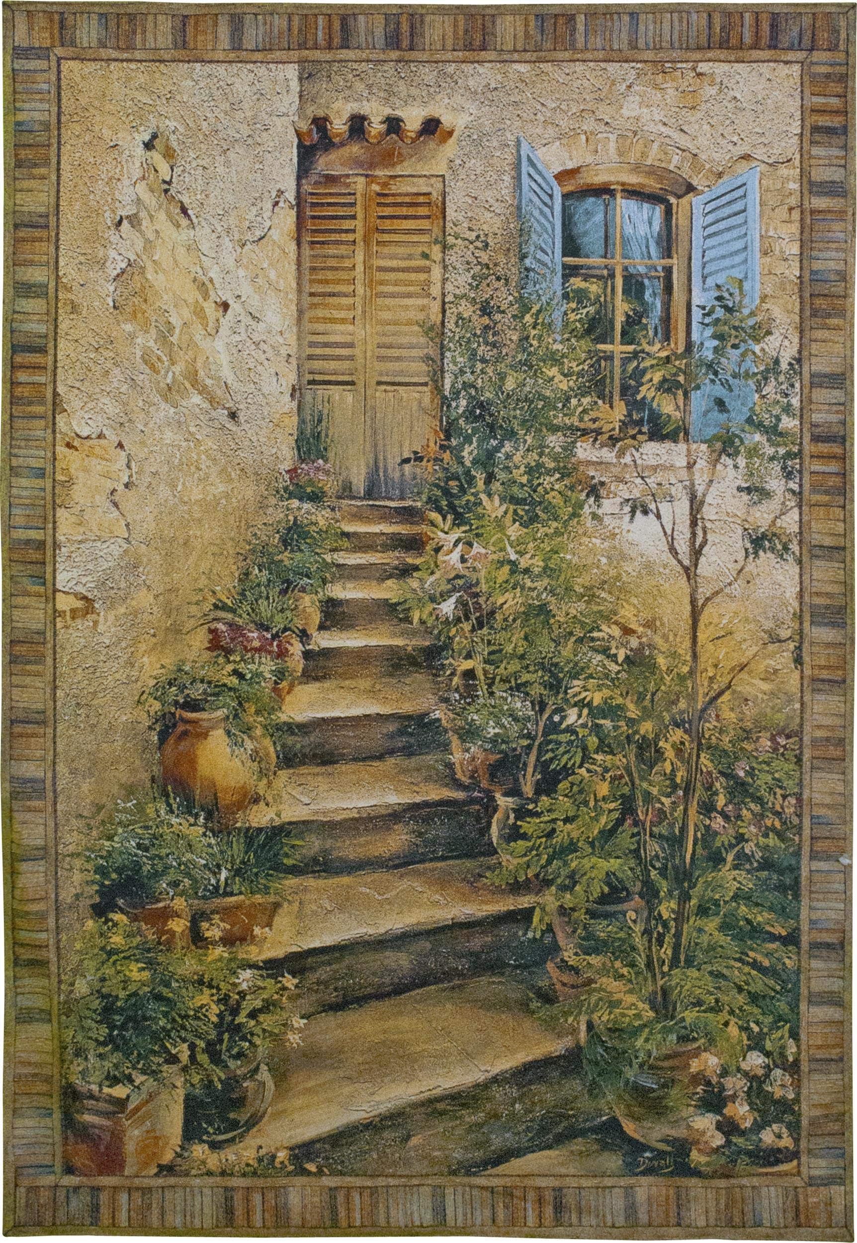 Tuscan Villa II by Roger Duvall | Woven Tapestry Wall Art Hanging | Rustic Italian Village Steps | 100% Cotton USA Size 53x43