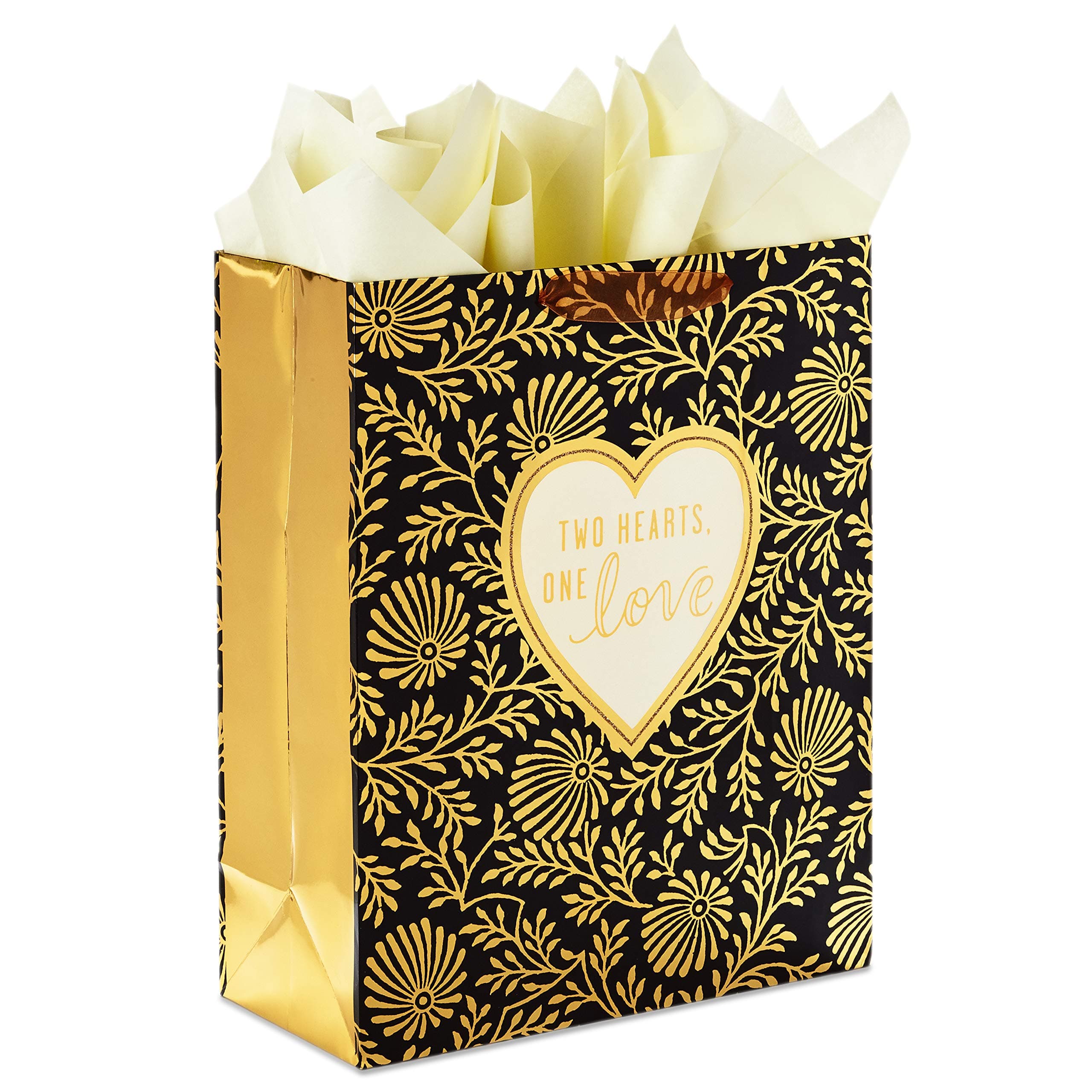 15" Extra Large Gift Bag with Tissue Paper ("Two Hearts, One Love" Black and Gold) for Weddings, Anniversaries, Engagements, Valentine's Day
