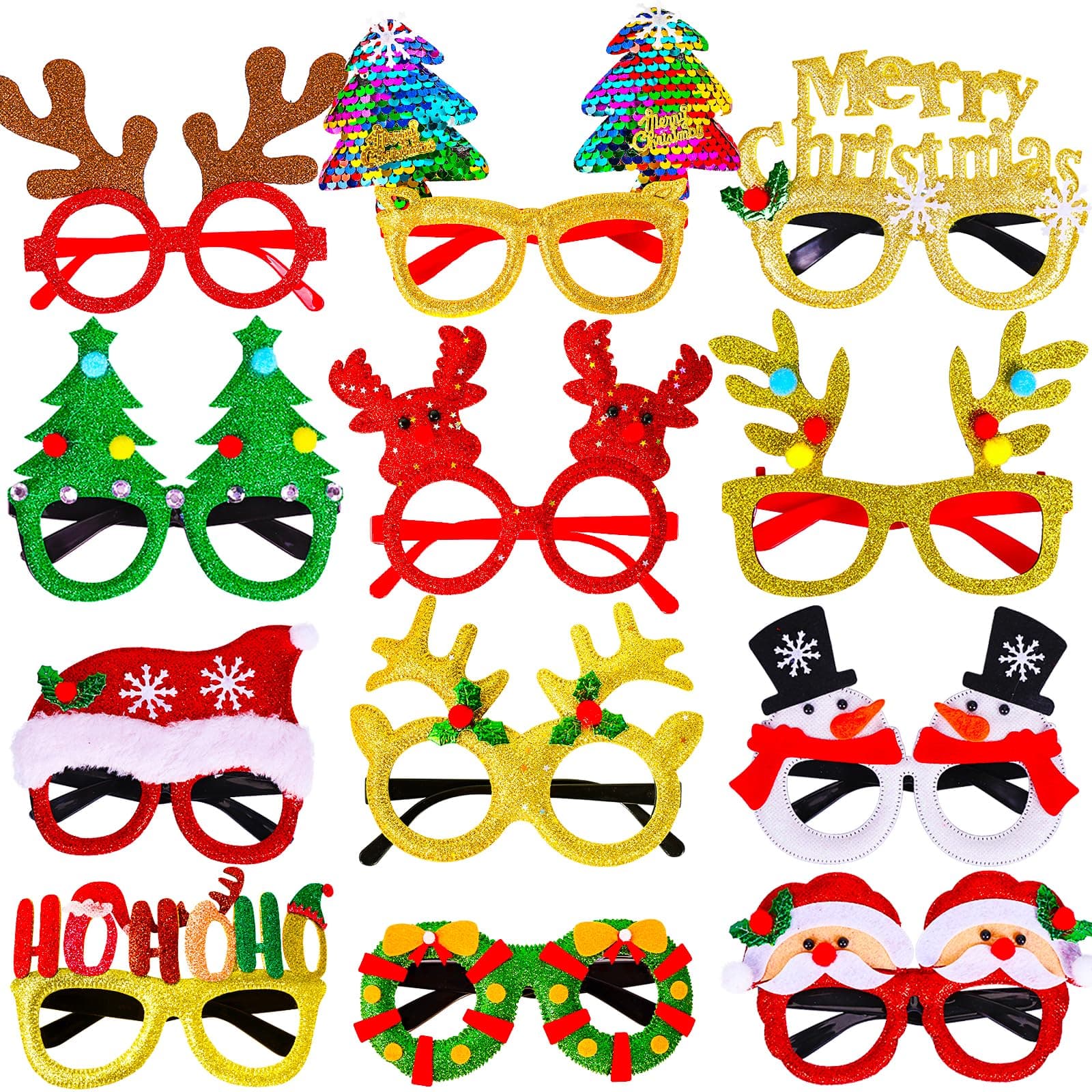 12Pcs Christmas Glasses Glitter Holiday Party Glasses Frames Christmas Decoration Accessories Costume Eyeglasses for Christmas Parties Holiday Favors (One Size Fits All)