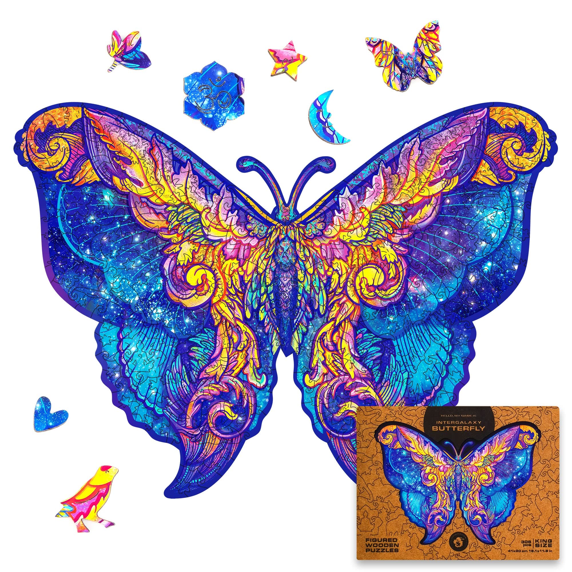 UNIDRAGON Original Wooden Jigsaw Puzzles - Intergalaxy Butterfly, 306 pcs, King Size 16.1"x11.8", Beautiful Gift Package, Unique Shape Best Gift for Adults and Kids