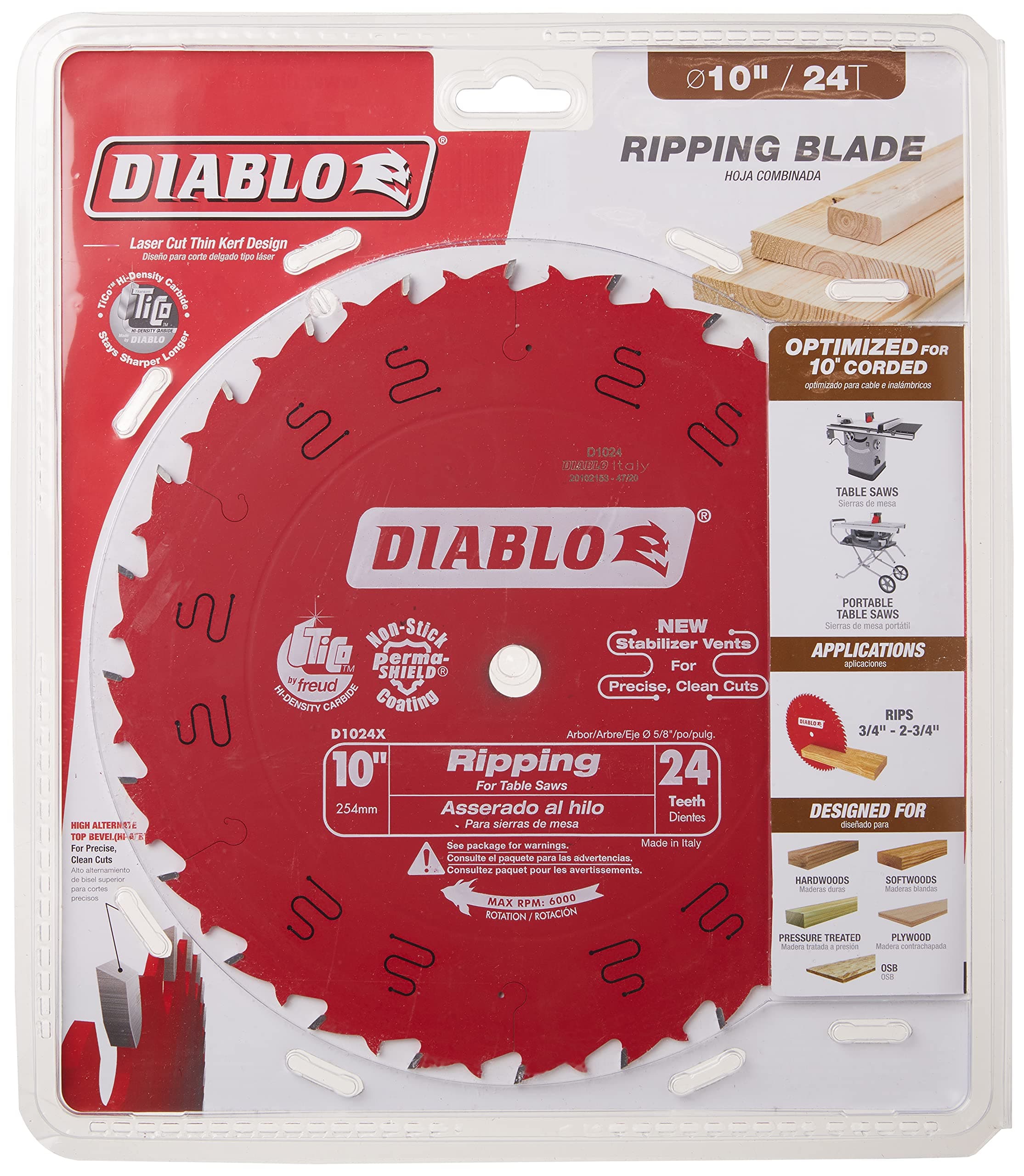Diablo by Freud D1024X 10" 24-Tooth ATB Ripping Saw Blade 5/8" Arbor, Multicolor