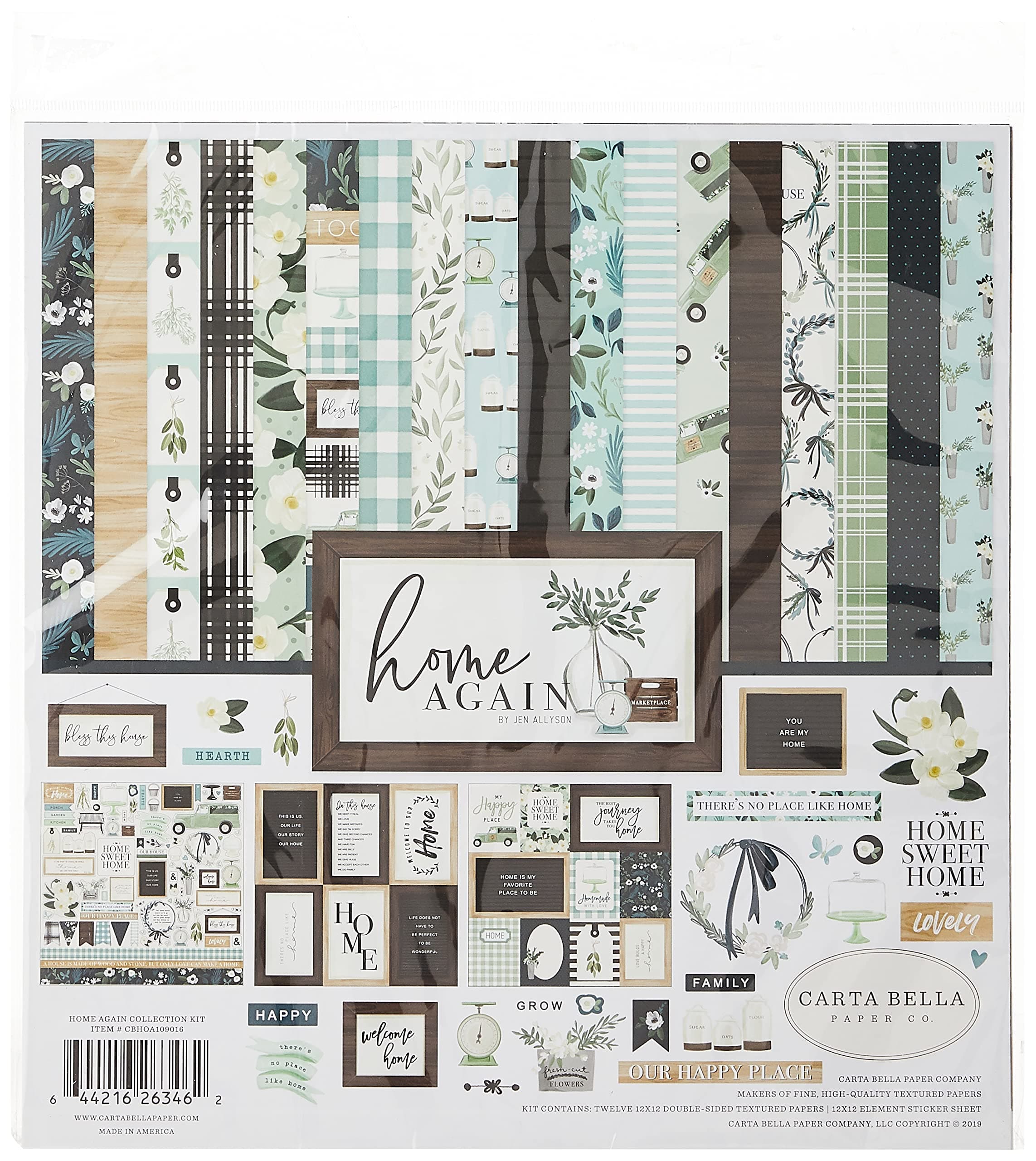 Carta Bella Paper Company Home Again Collection Kit paper, green, blue, woodgrain, black, teal , 12-x-12-Inch
