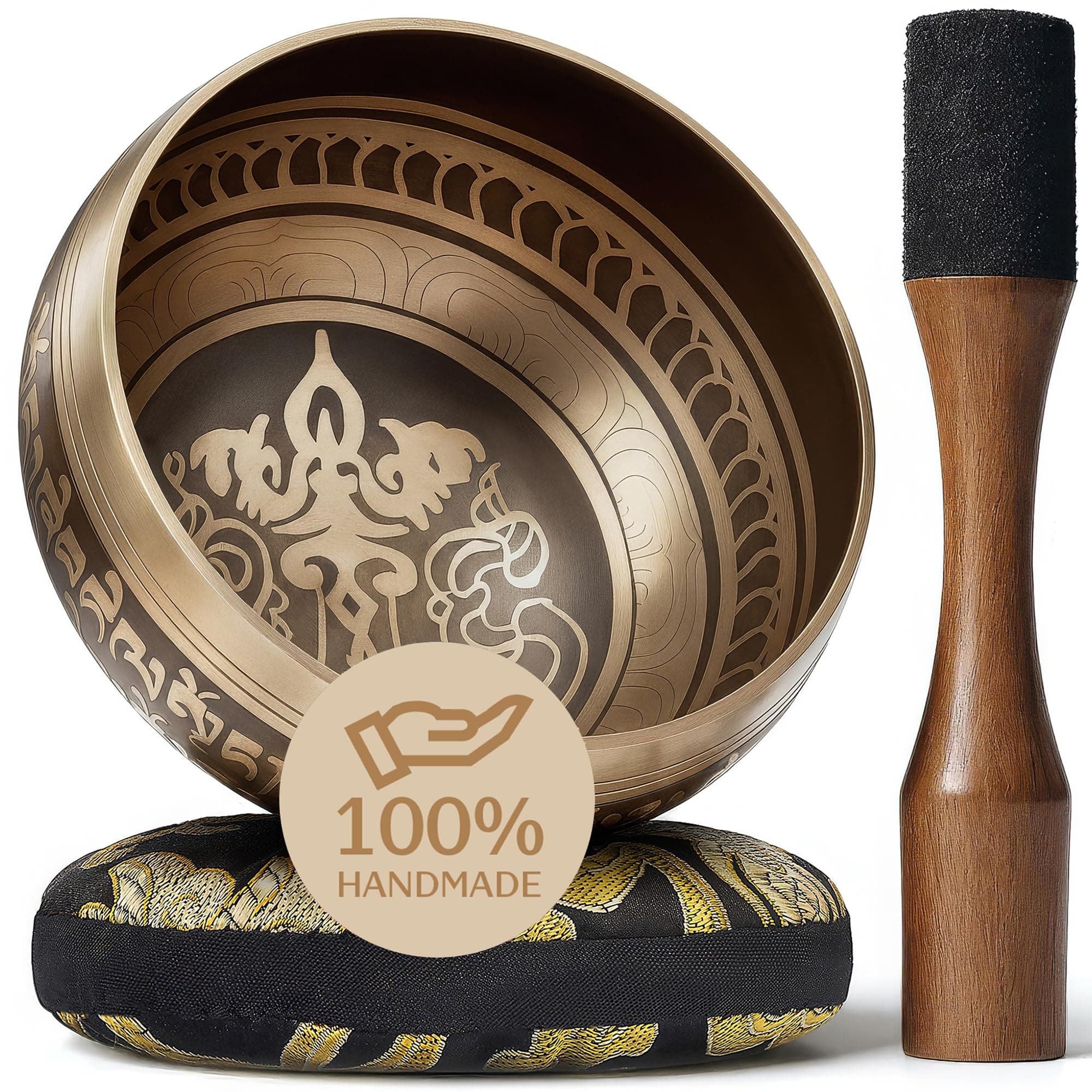 Tibetan Singing Bowl Set - Easy to Play with New Dual-End Striker & Cushion - Creates Beautiful Sound for Holistic Healing, Stress Relief, Meditation & Relaxation- Light Gold Bowl - Yoga singing bowls