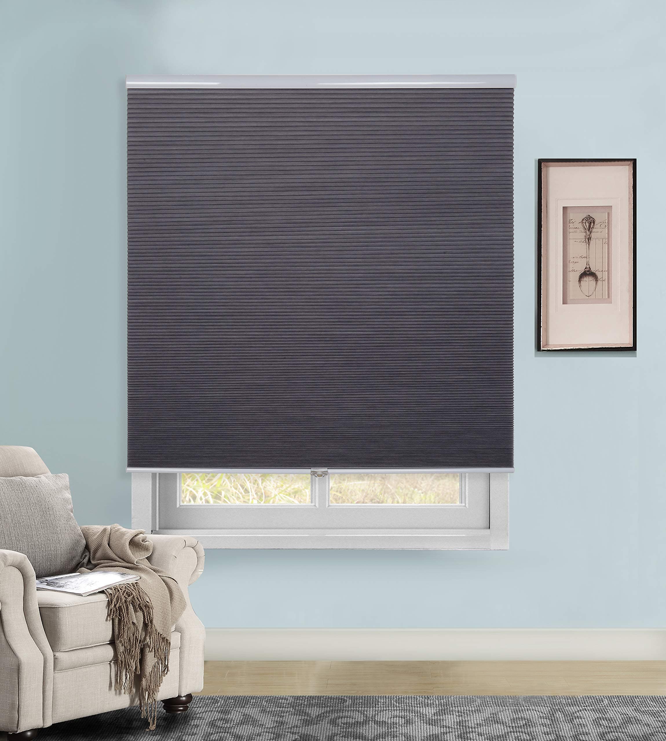 Rama Rose Cordless Cellular Shades Blackout Pleated Fabric Honeycomb Window Blinds, 46" W x 64" H, Light Gray and White