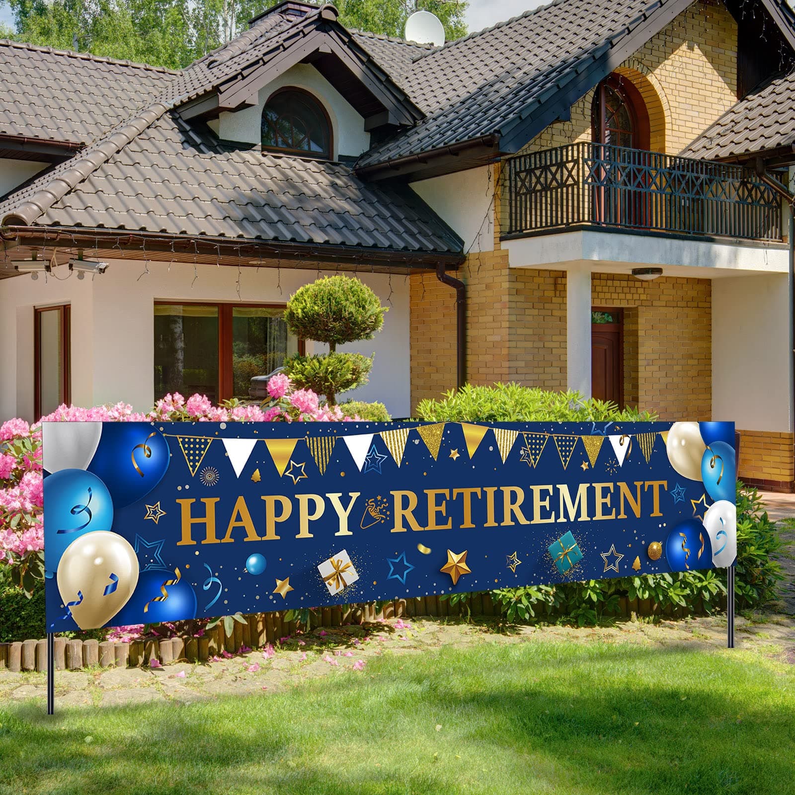 Blulu Retirement Banner Sign Horizontal Large Fabric Retirement Yard Sign Backdrop with Rope Retired Banner for Retired Party Photo Booth, 70.87 x 15.75 Inch(Gold)