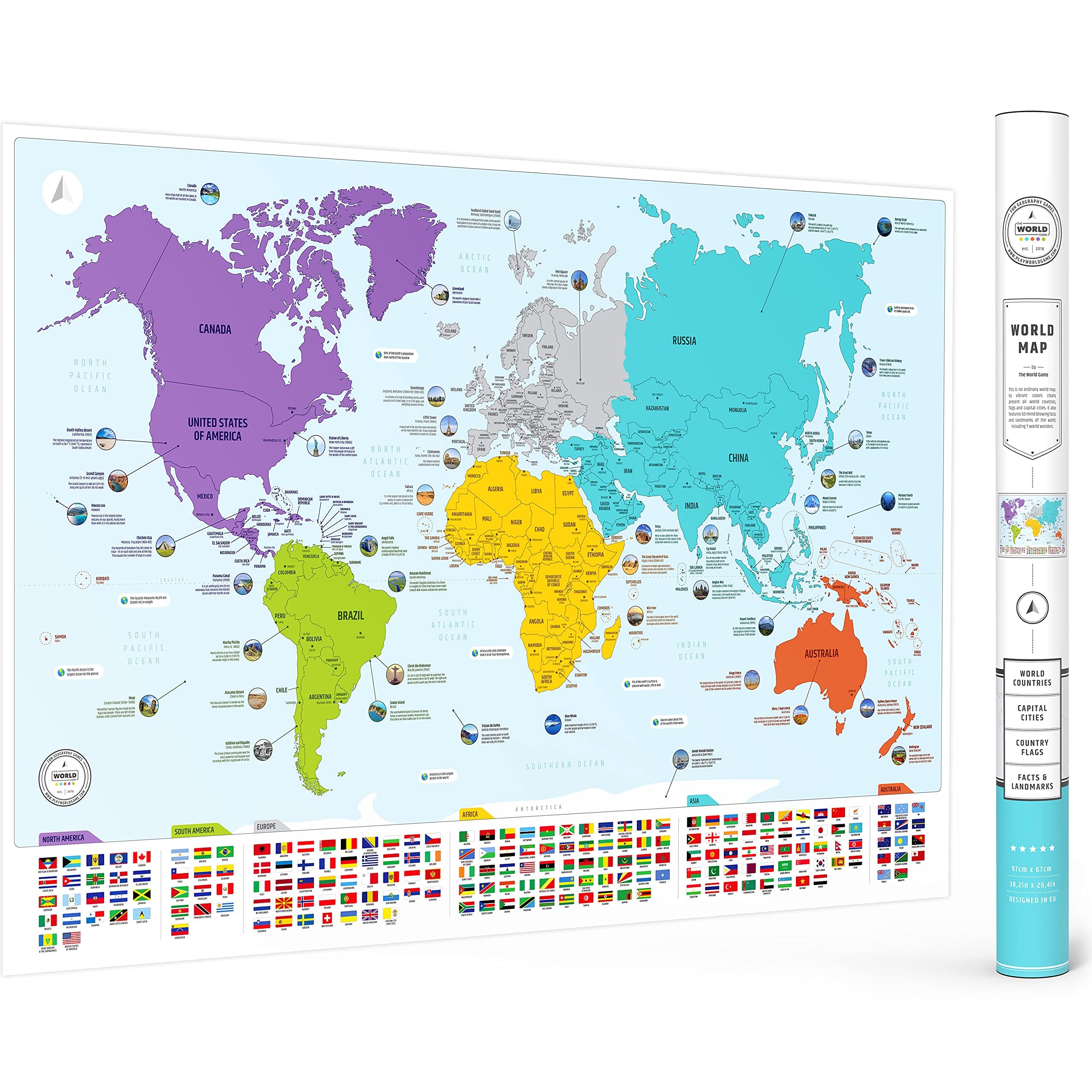 XL World Map with Flags - 97 x 67cm Easy to Frame Wall Art Poster - Travel Map Designed for Kids & Adults + 50 Interesting Facts