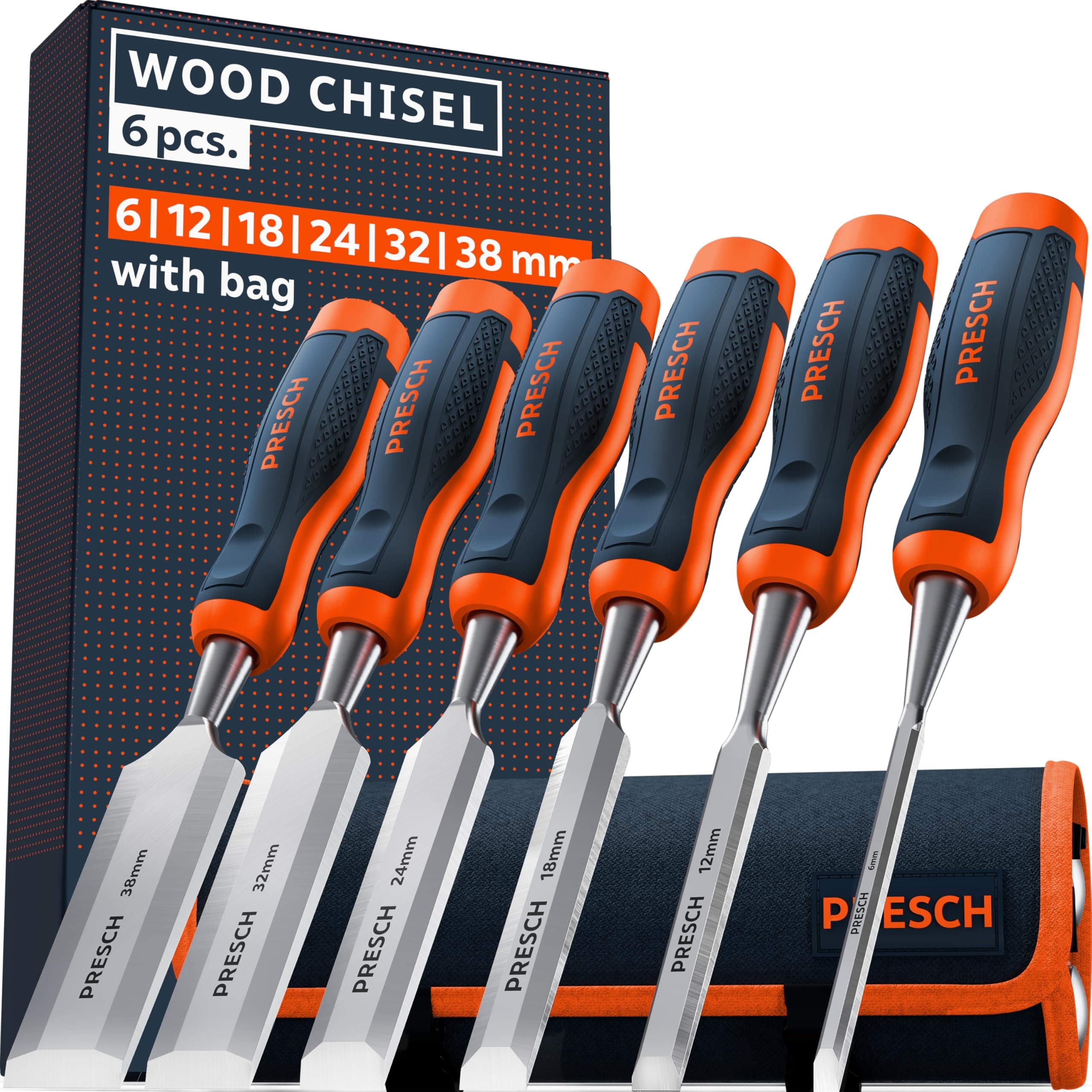 Presch Wood Chisel Set 6 pcs. incl. Bag (6, 12, 18, 24, 32 & 38mm) - Fully Polished for immediate use - for Professionals with a 25° Angle and Robust Metal Striking Cap