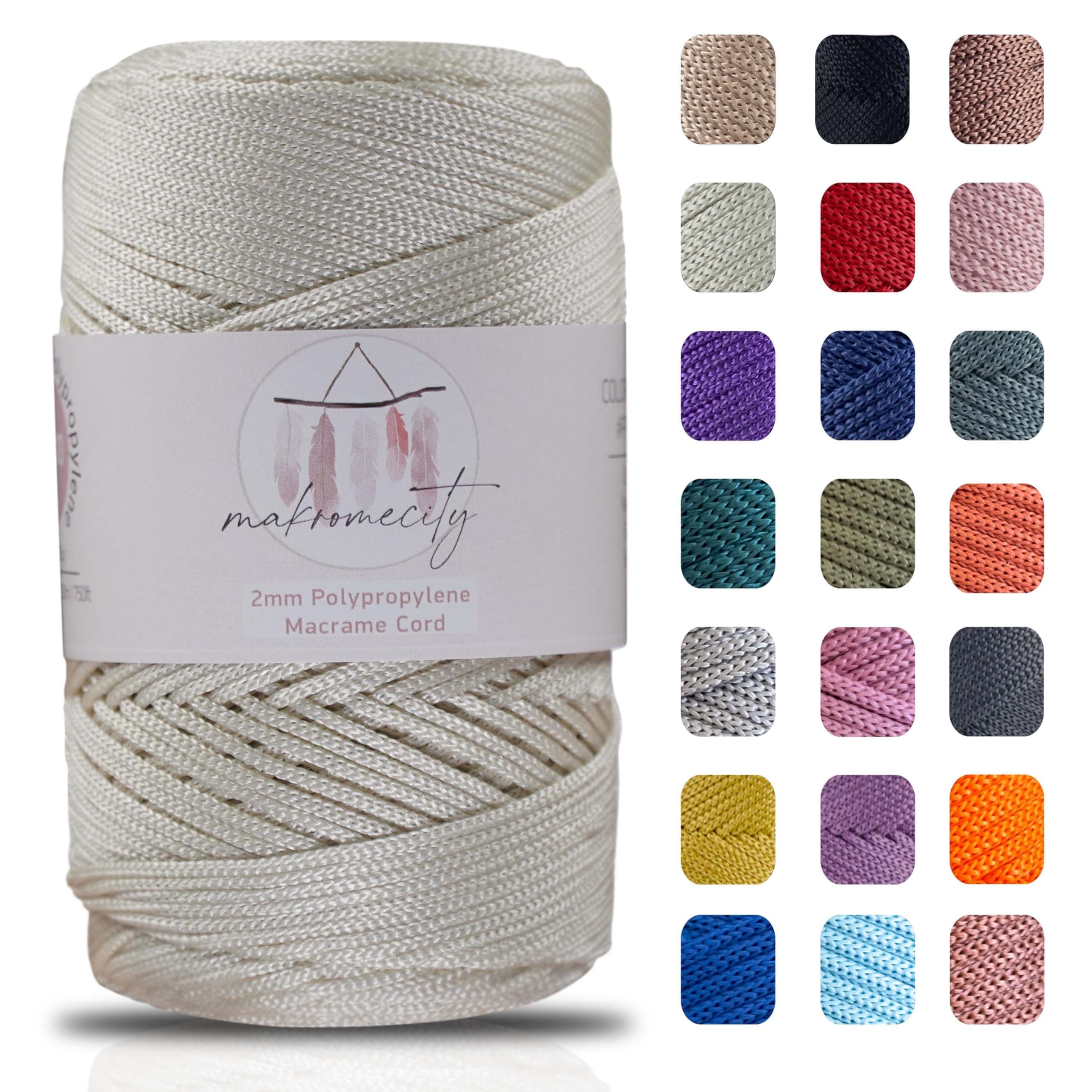 Makromecity, Polyester Macrame Cord 2mm x 250 Yards (750 feet) 2mm Polypropylene Macrame Cord for Macrame Art & Crafts for Wall Hangings, Bags, Underplate, Rug (29 Colors Available)