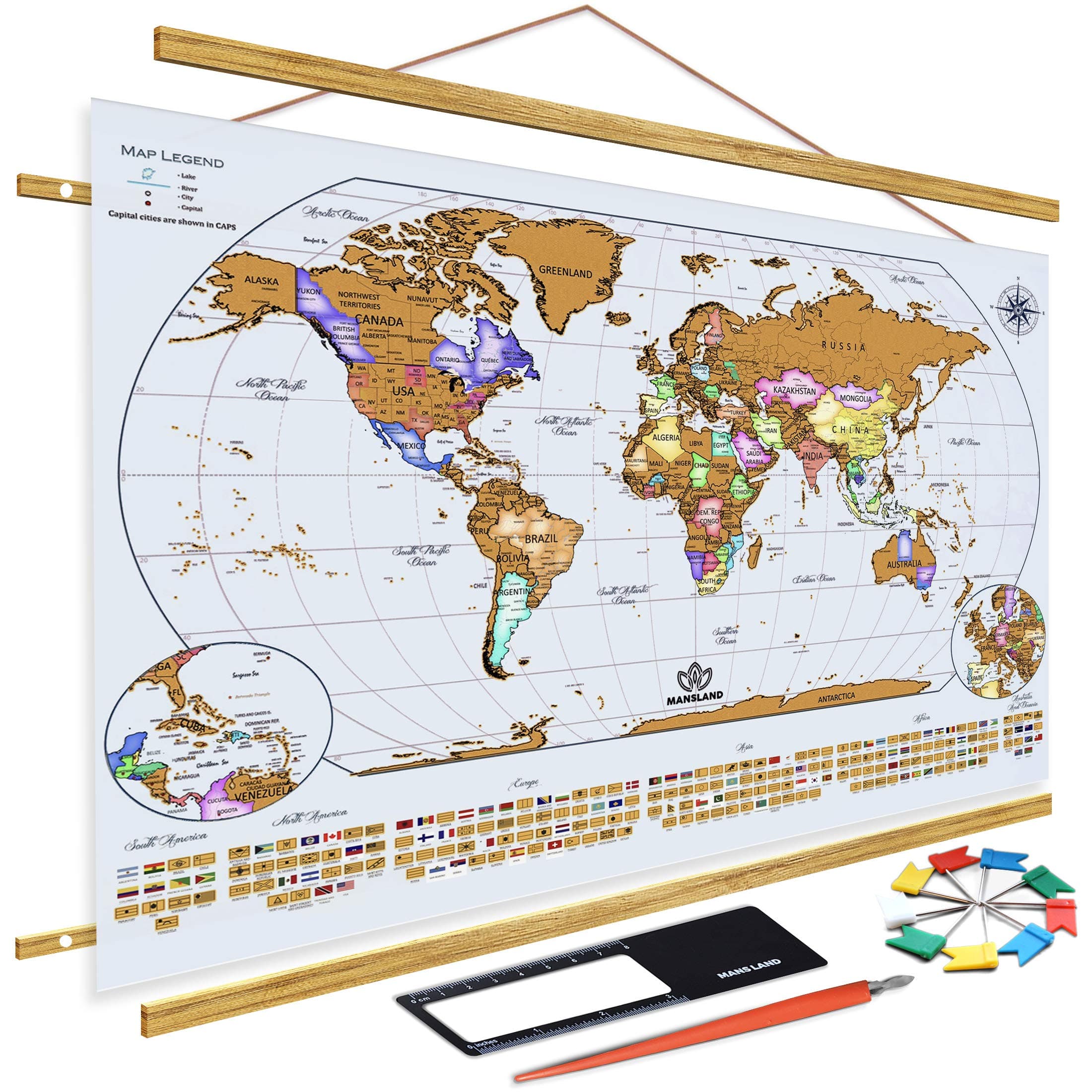 Mansland Scratch The World Travel Map - 24"x 17" Scratch Off World Map Poster - Includes Teak Wood Frame, Complete Accessories Set & All Country Flags - Premium Wall Art Gifts for Travelers