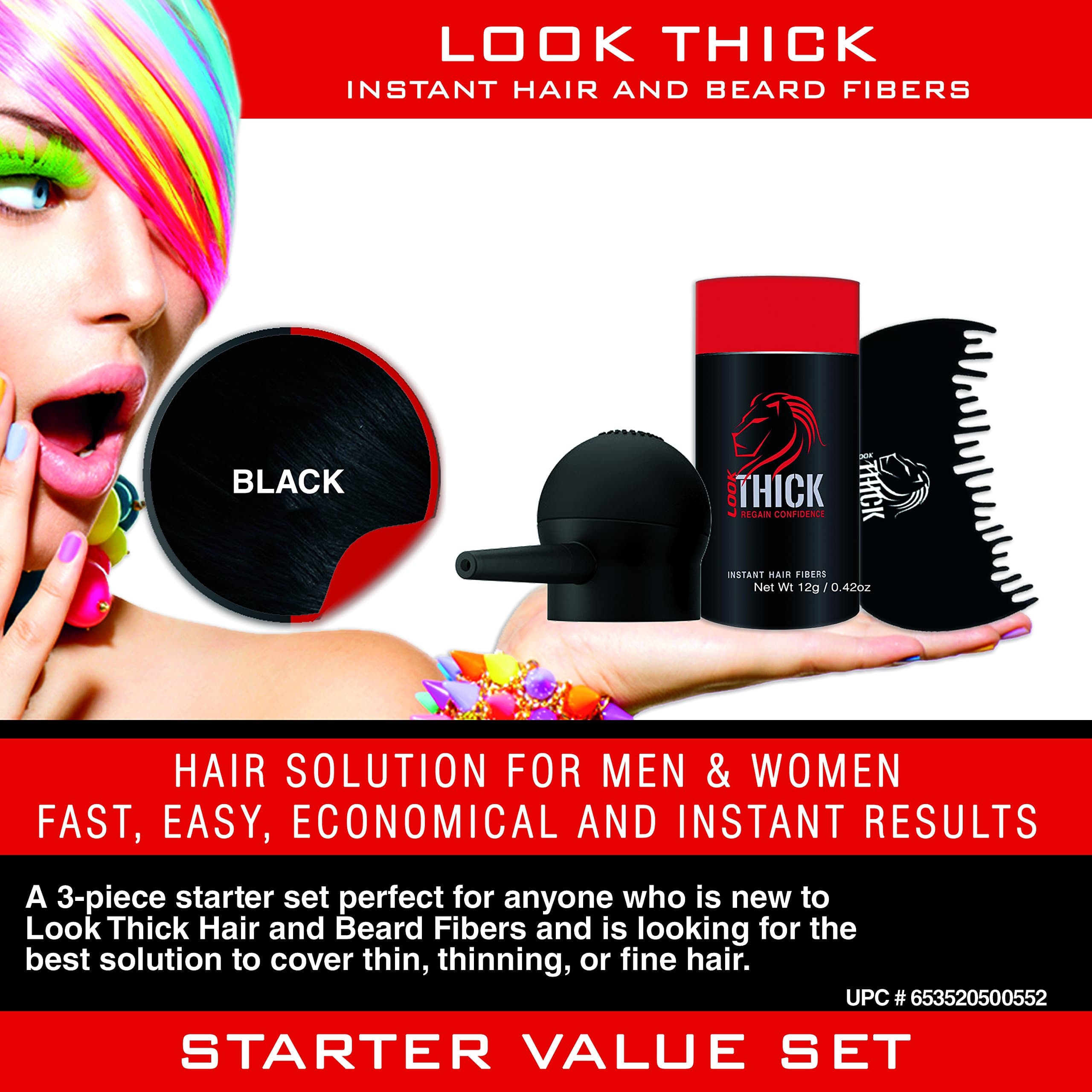 LOOK THICK Instant Hair and Beard Building Fibers for Men and Women, Resists: Rain Wind Sweat, Hair Solution, Thin Hair, Thicker and Fuller Hair Concealer, Starter Set 3 - Piece (Black)