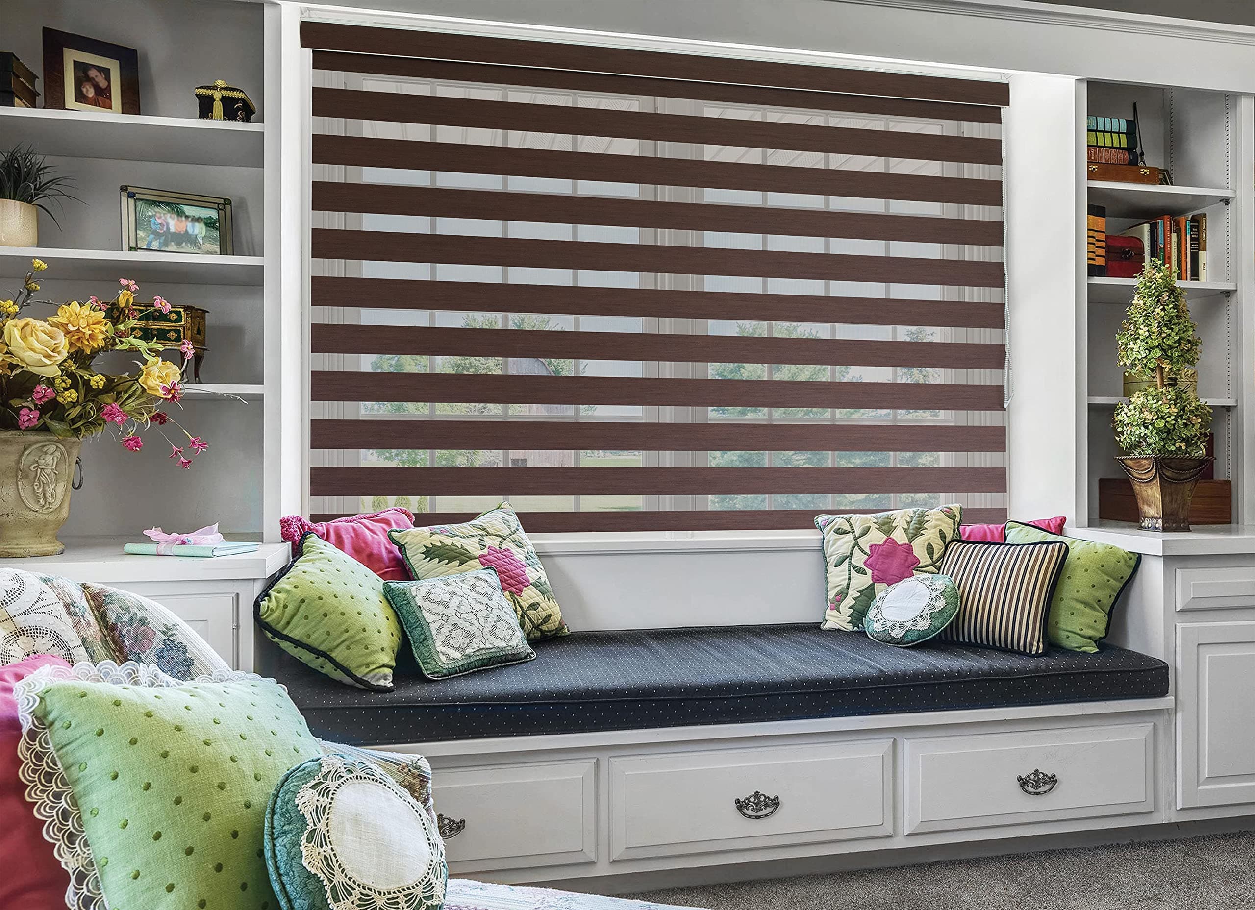 Zebra Blinds Coffee - W130XH130CM - Sheer Horizontal Window Blinds and Shades for Daytime and Nighttime - Light Filtering Roller Shades for Windows