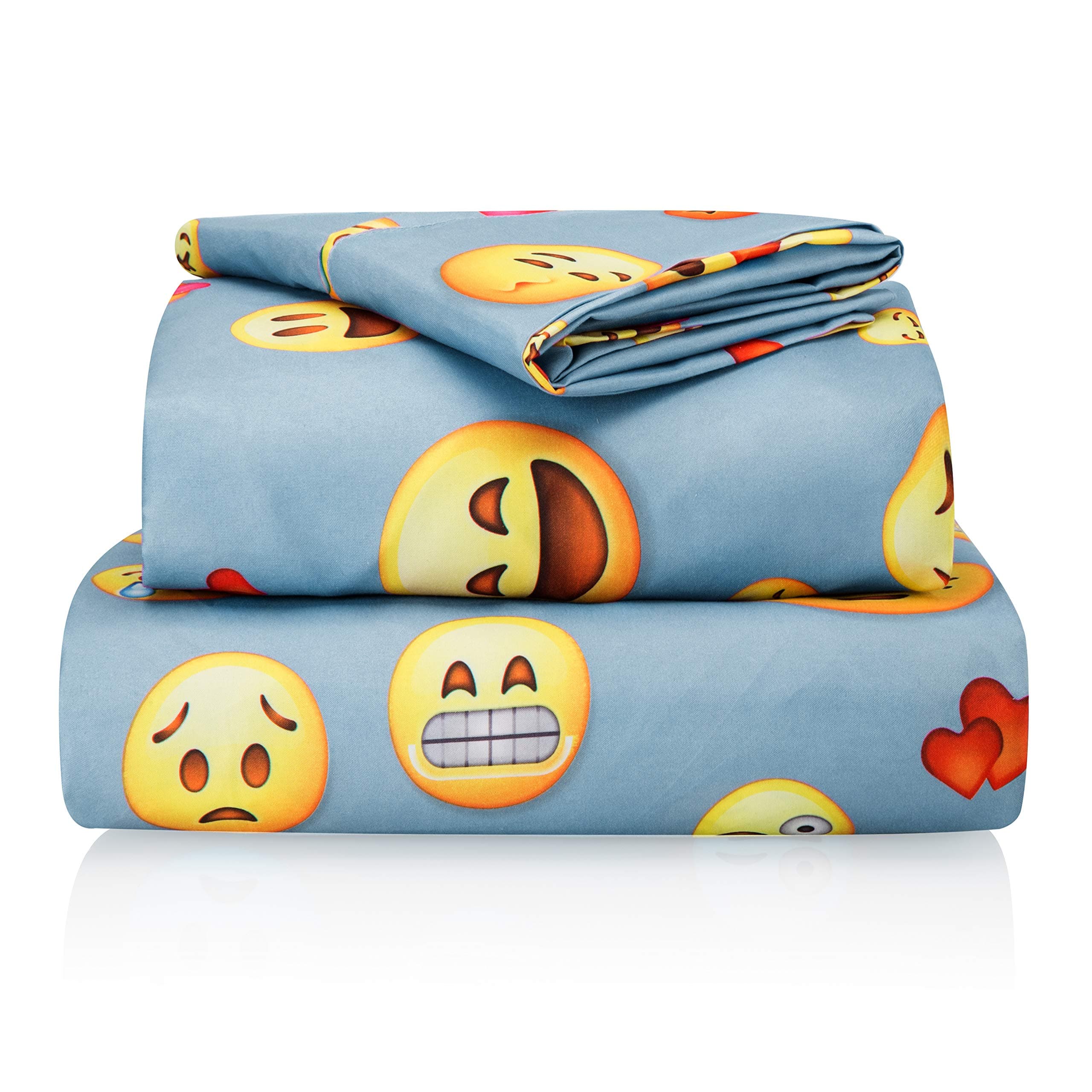 Full Bed Sheets for Boys | 4 Pc Colorful Kids Bedding Set | Light Blue Emoji Print | Durable Super-Soft, Double-Brushed Microfiber | 1 Flat & 1 Fitted Sheet, 2 Pillow Cases | 15" Deep