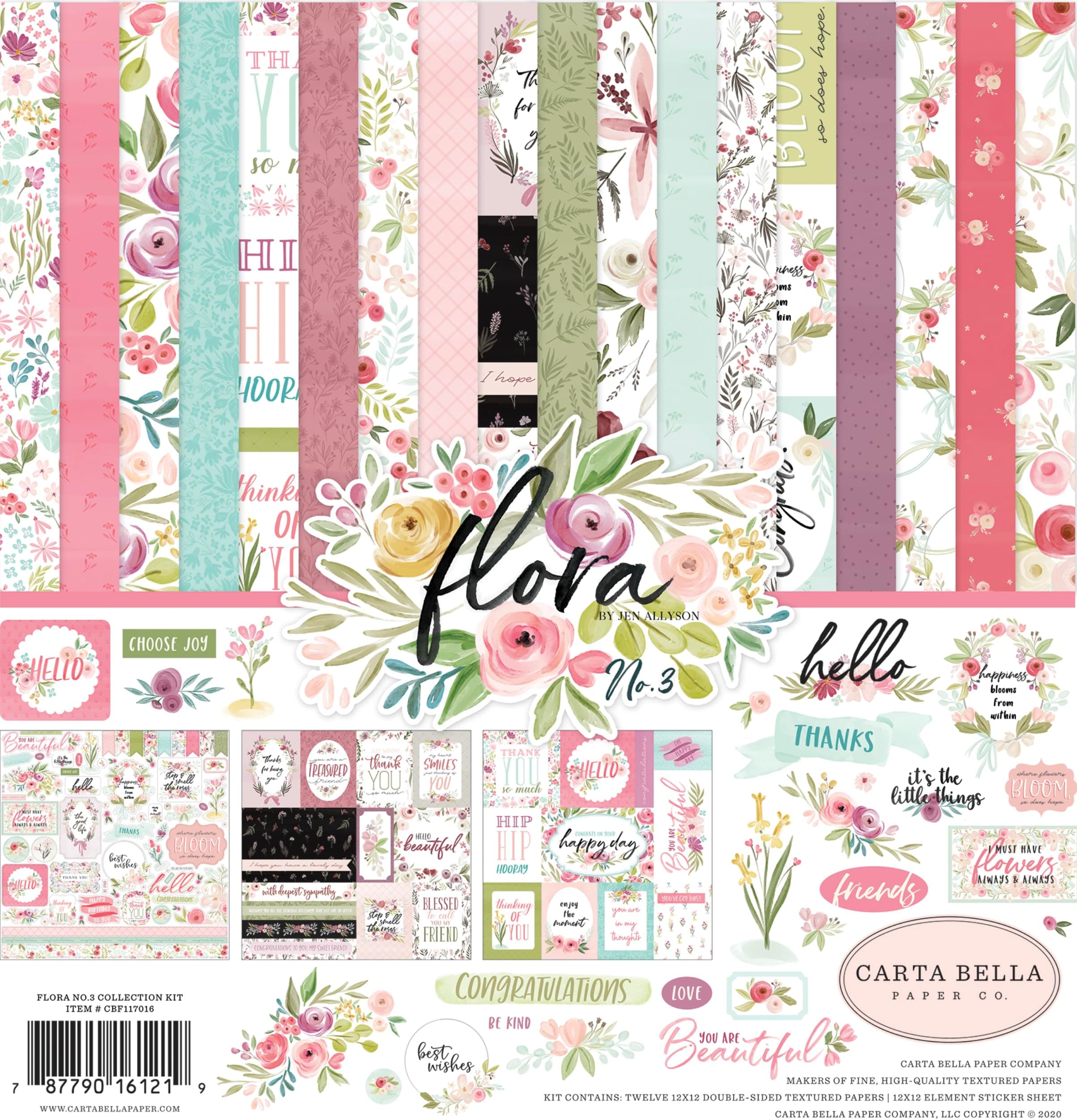 Carta Bella Paper Company Flora no.3 Collection Kit paper, teal, pink, purple, green, blue, 12-x-12-Inch