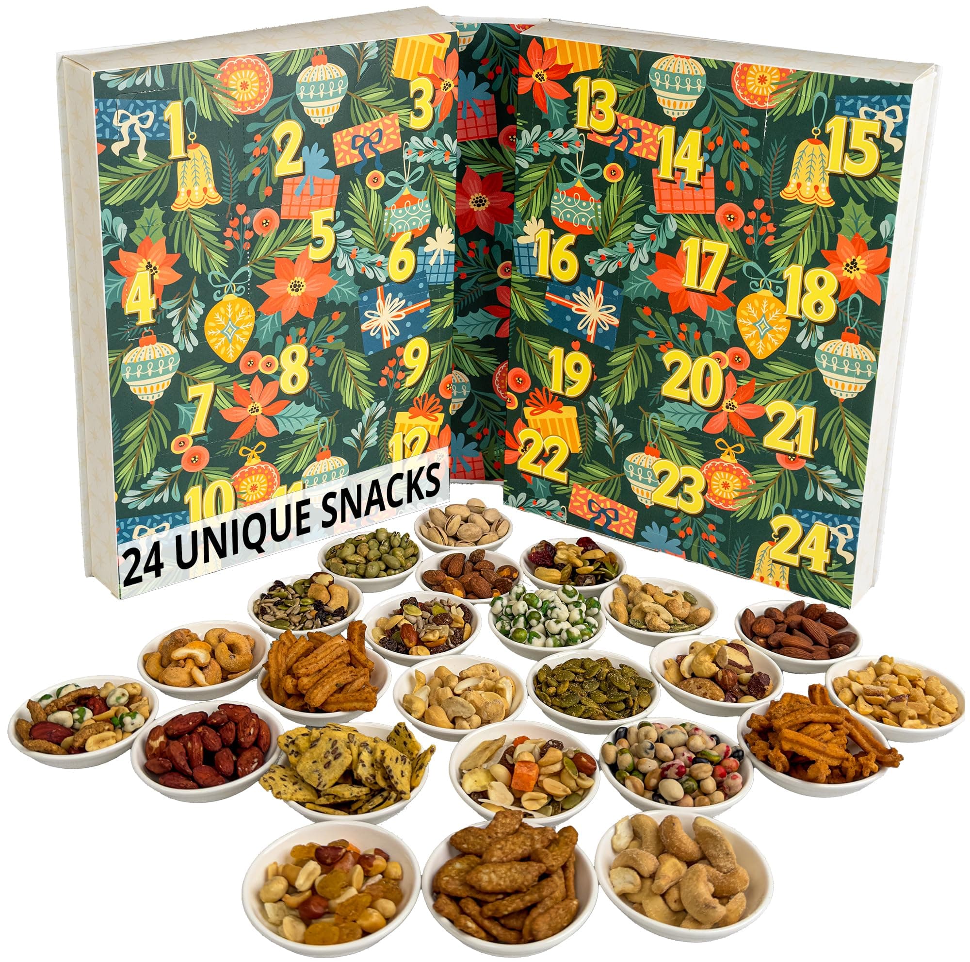 Sugar Plum Advent Calendar 2024 Adult - 24 Unique Snacks, Nuts, Seeds, Sticks, Wasabi Peas, Holiday Gift Basket, Food Christmas Gift for Men, Women, Dad, Kids