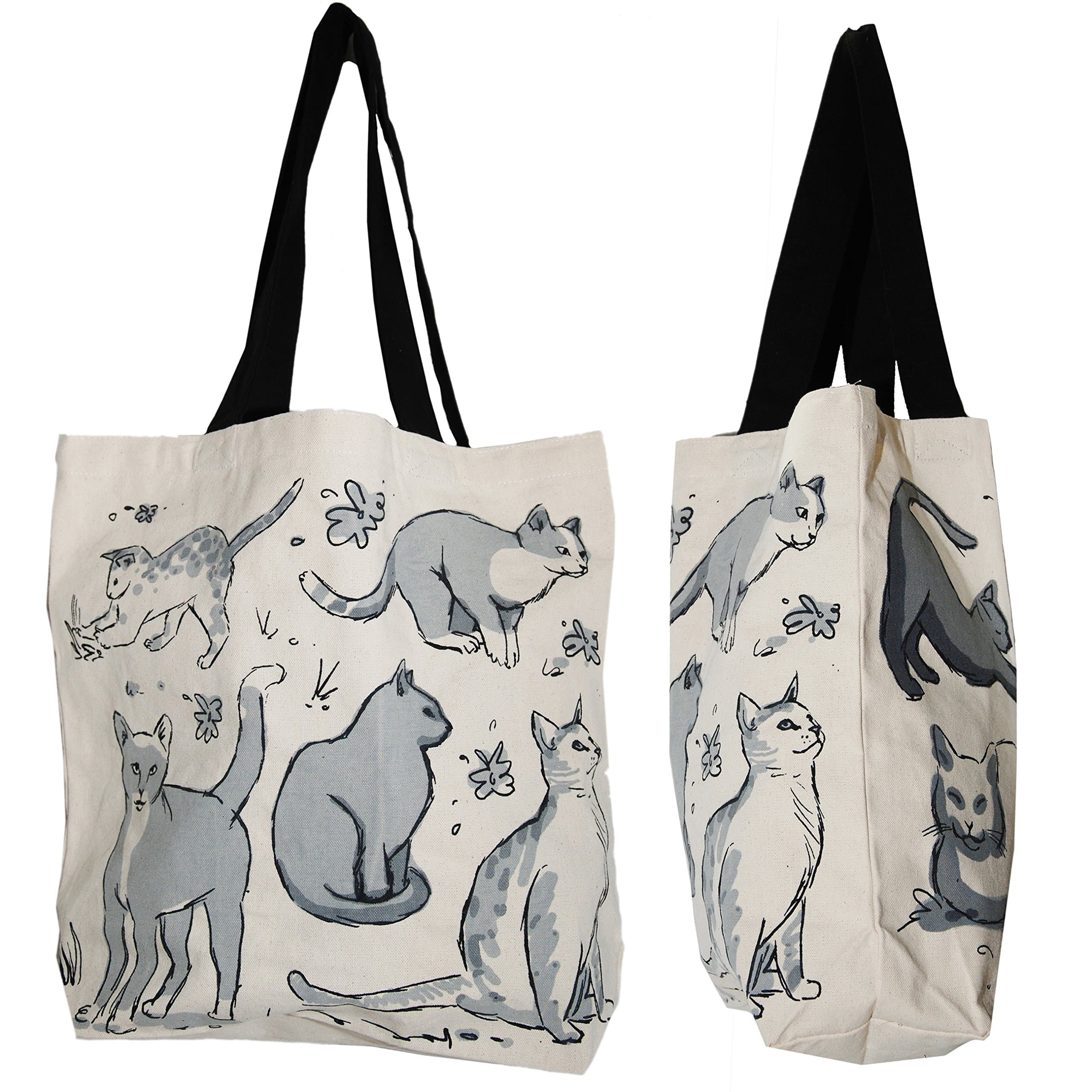 Shopper Tote Bag - Cat Illustrated, Eco-Friendly Reusable Multipurpose Canvas Grocery Bag