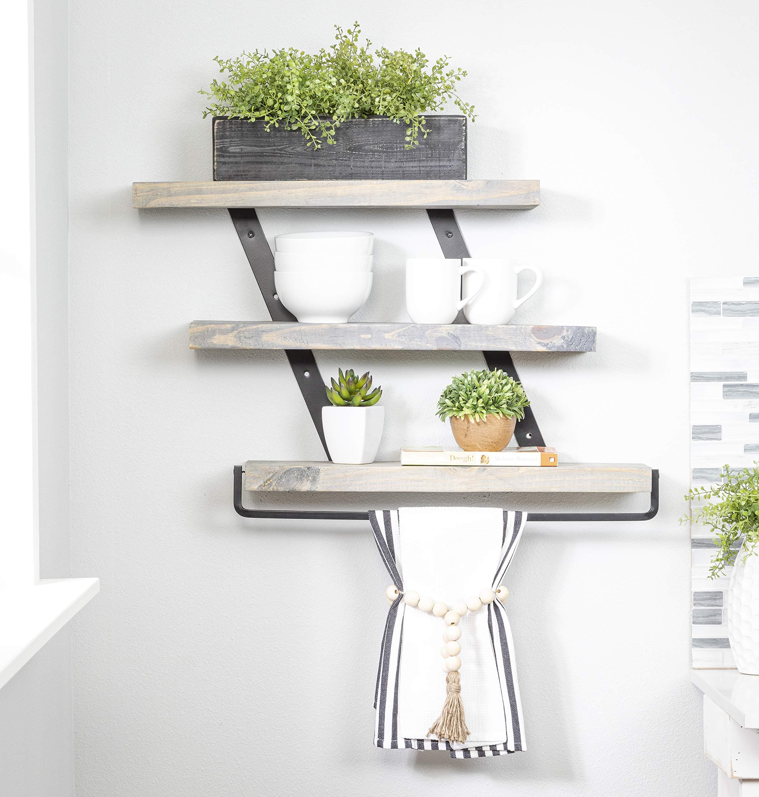 Del Hutson Designs Industrial 3-Tier Floating Shelf with Towel Bar (24 Inch, Grey)
