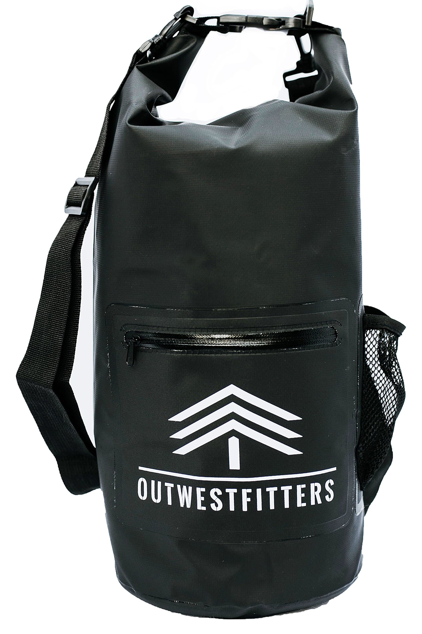 Outwestfitters Waterproof Floating Dry Bag Backpack - 10L Roll Top Compression Sack holds Phone, Camera - Front Zipper Pouch, Water Bottle Holder - Kayaking, Rafting, Beach, Camping, Boating, Fishing