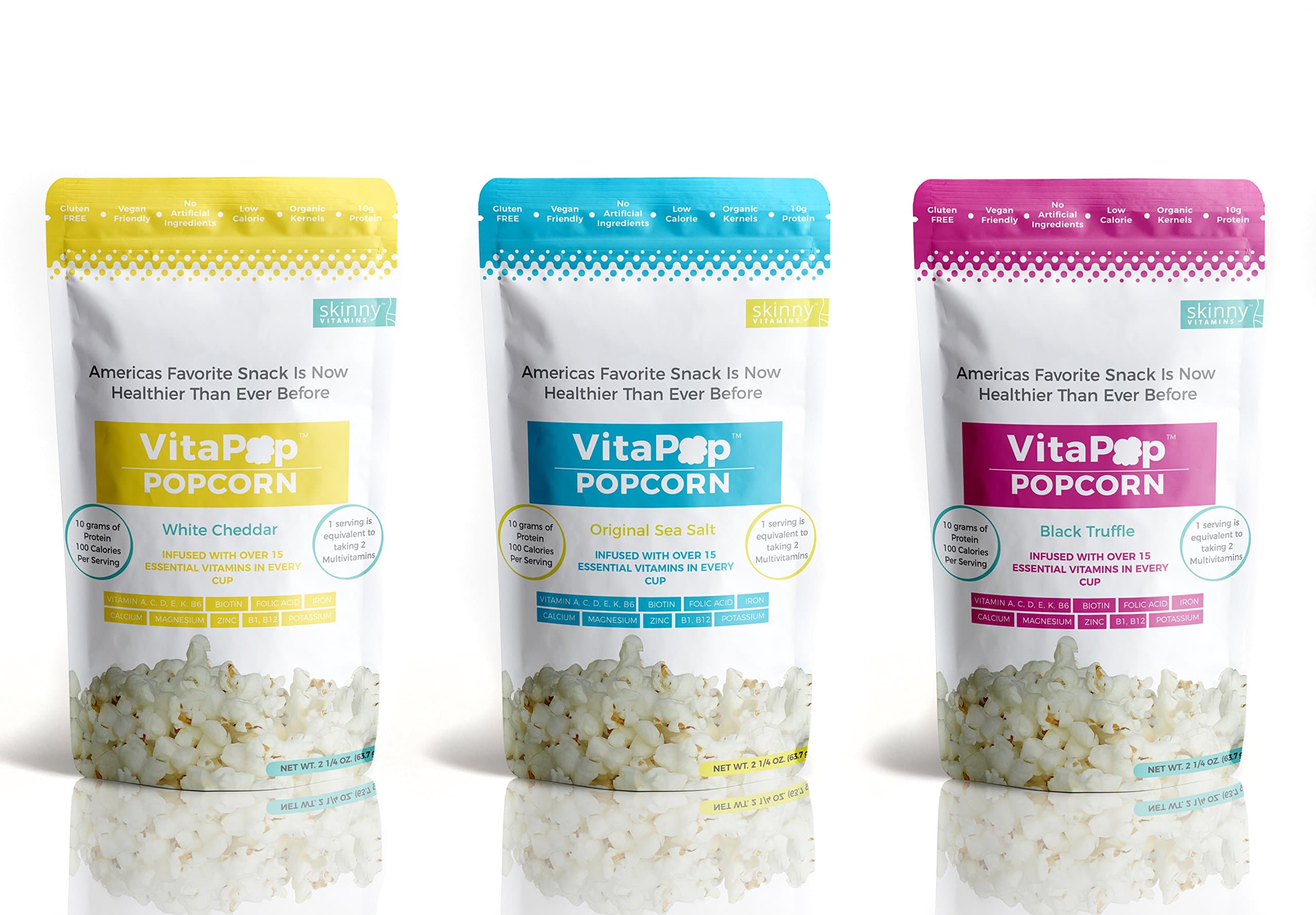 Skinny Vitamins | VitaPop Popcorn | Infused with Over 15 Essential Vitamins and 10 Grams of Protein | Non GMO, Healthy, Organic and Tasty Way to Snack! | 3 Pack (Variety)