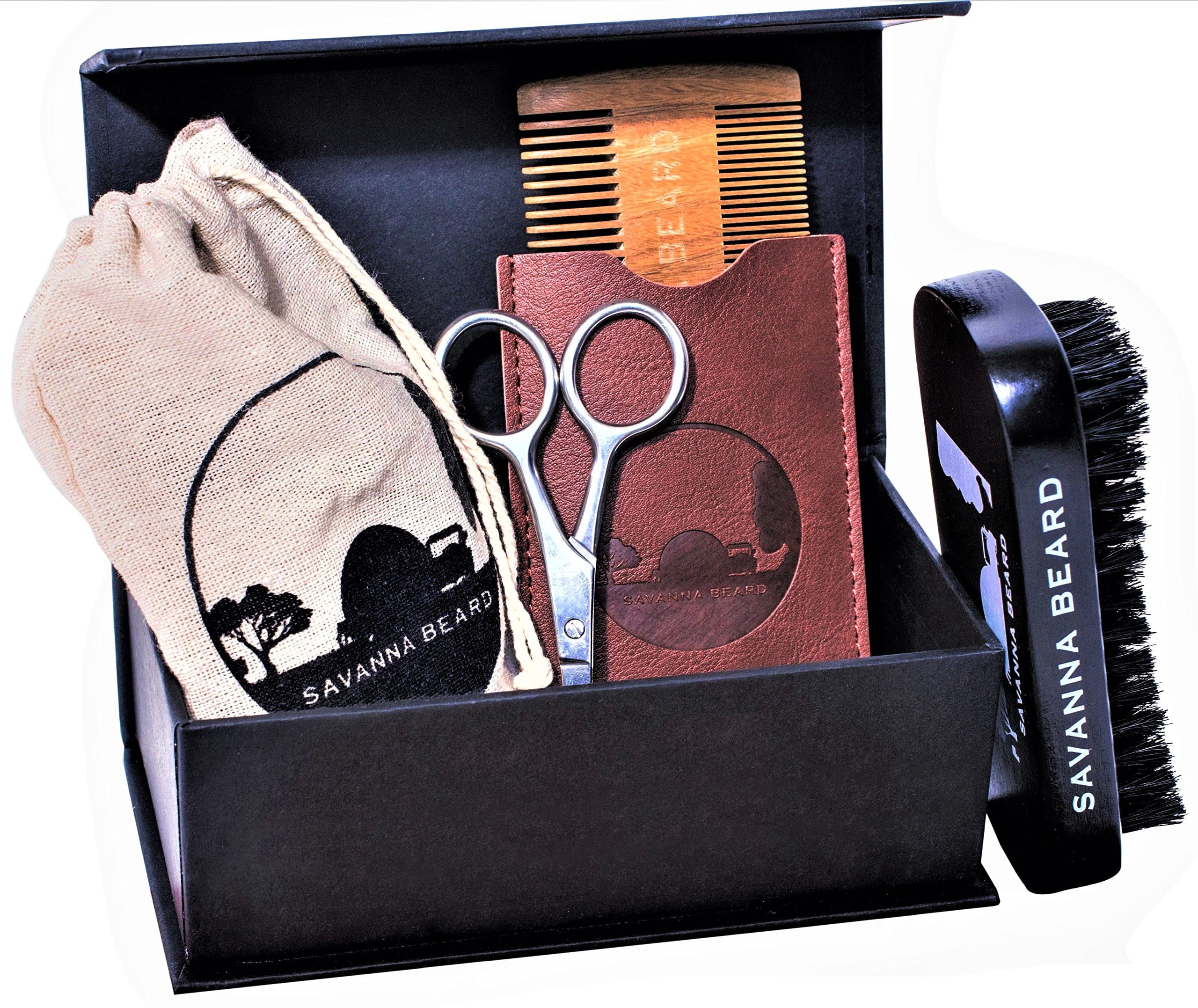 Grooming Beard Kit - 100% Pure Boar Bristle Brush & Green Sandalwood Dual Action Comb with PU Leather Case & Stainless Beard Nose Eyebrow Scissors - Travel Bag & Elegant box Ideal Gift