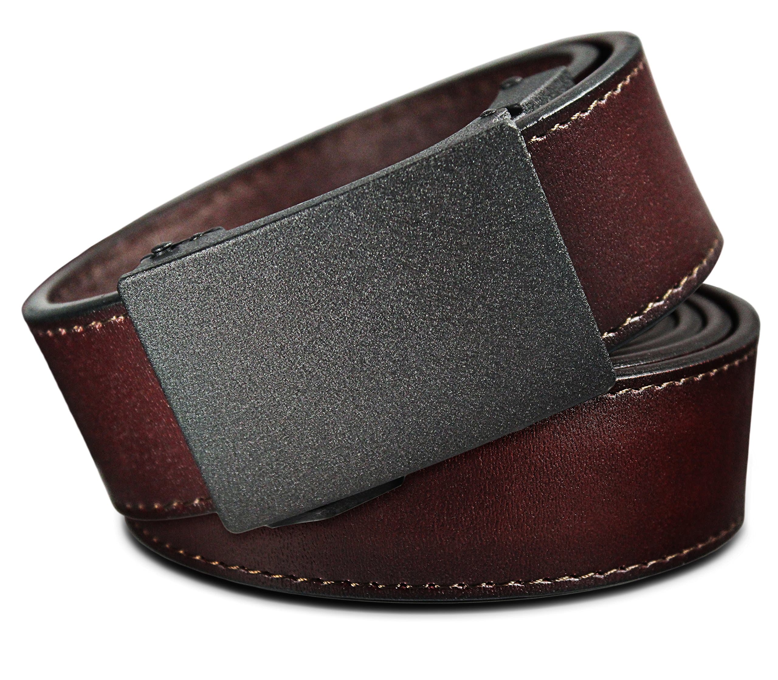 Men's Leather Ratchet Click Belt - Astoria Matte Black Buckle w/ Brown Rosewood Leather Belt (Trim to Fit: Up to 35'' Waist)