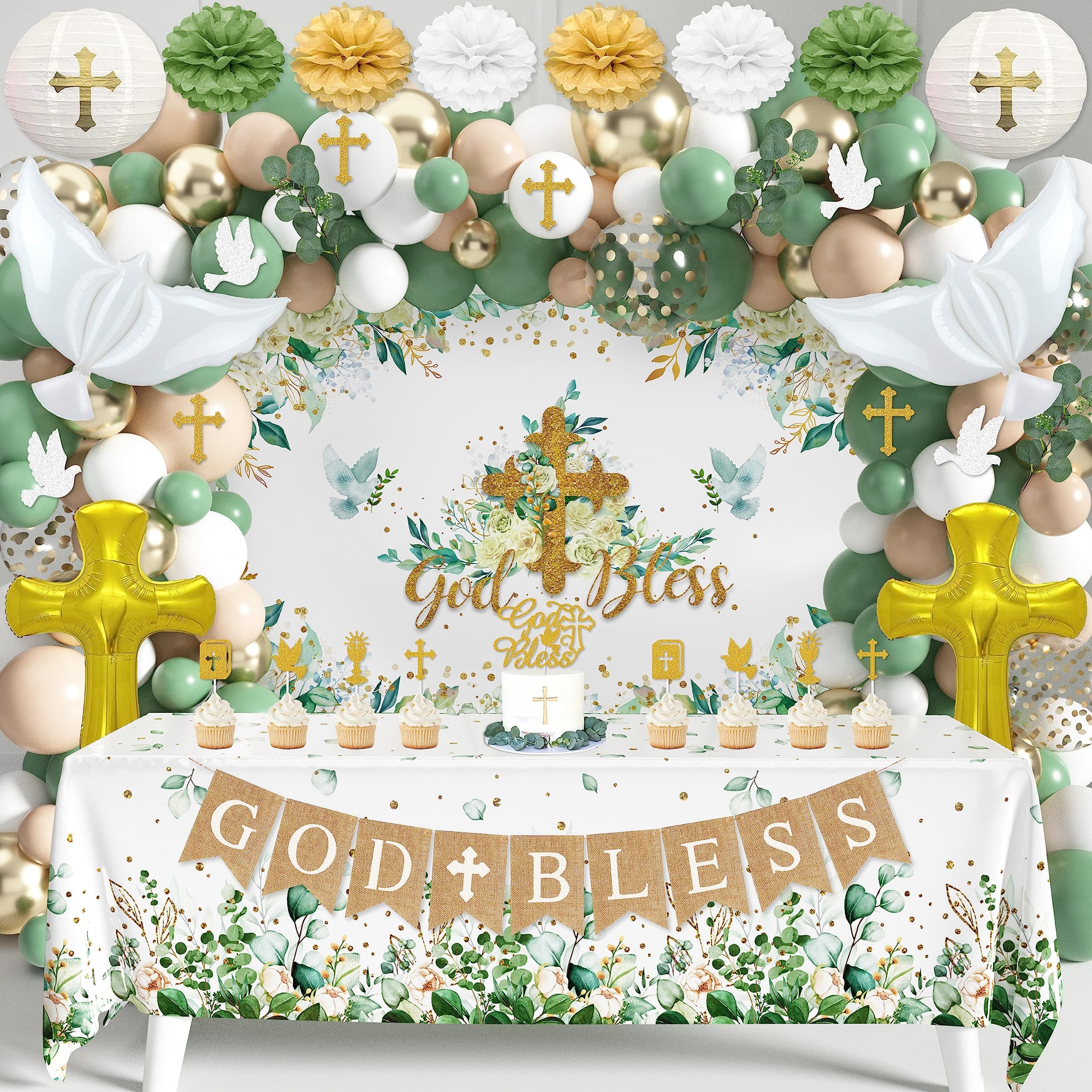 Baptism Decorations Bautizo Decorations Mi Bautizo Party Supplies First Communion Decor Boys Girls Baby Shower Christening Decorations God Bless Backdrop Tablecloth Banner Balloons Garland (Baptism01)